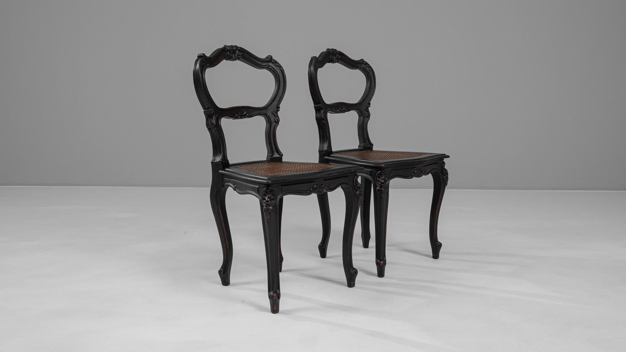 19th Century French Wood Black Patinated Chairs, a Pair For Sale 6