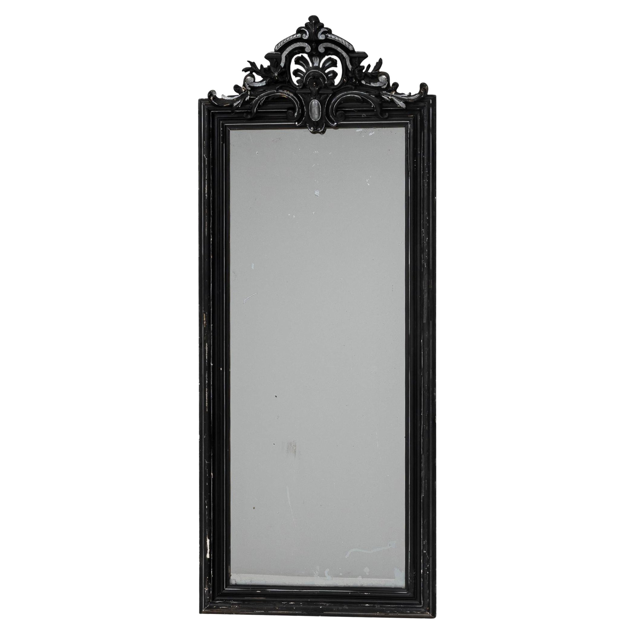 19th Century French Wood Black Patinated Mirror with Ornate Crest