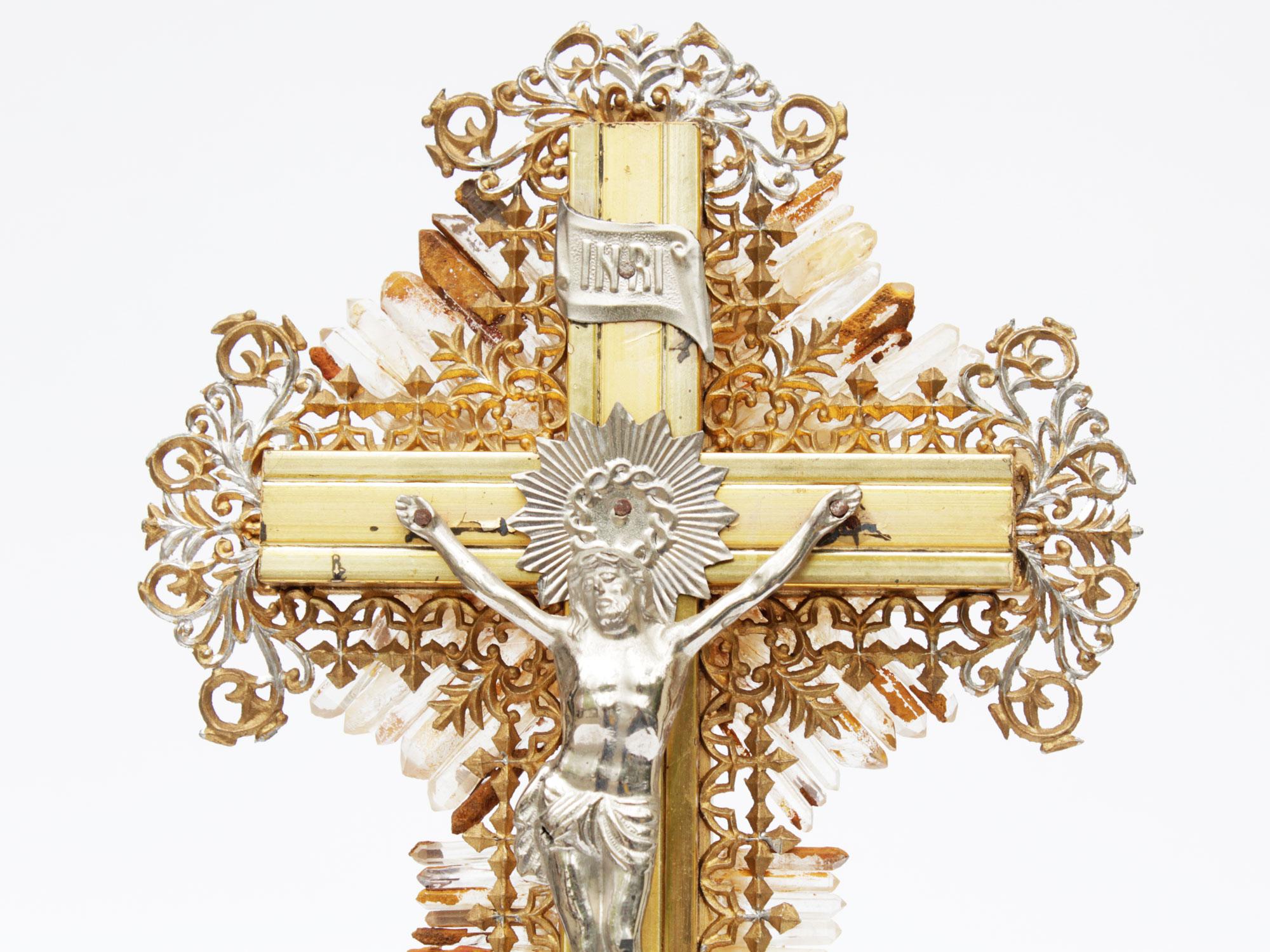 19th century French gold wood crucifix with a silver corpus Christi with silver and gold filigree decorated with coordinating smokey lazer crystal quartz points on a Lucite base.