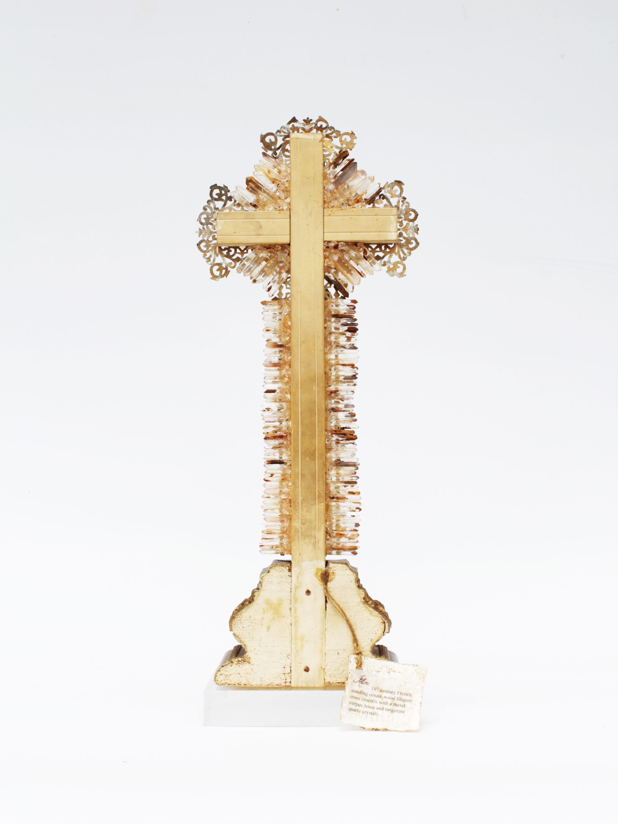 Romantic 19th Century French Wood Crucifix with Silver Corpus Christi with Crystal Points