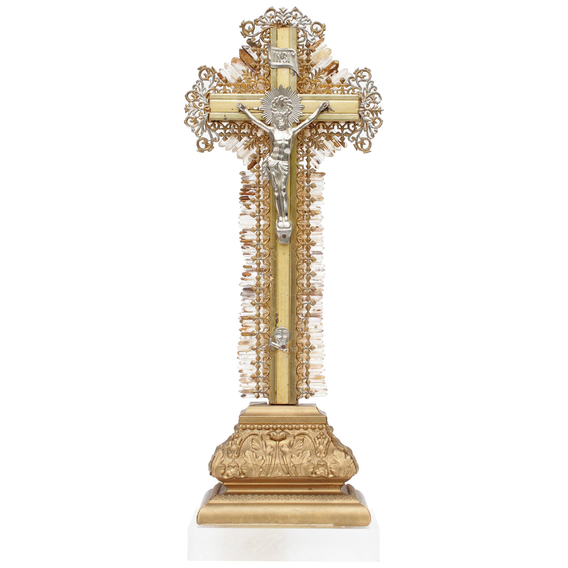 19th Century French Wood Crucifix with Silver Corpus Christi with Crystal Points