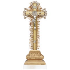 19th Century French Wood Crucifix with Silver Corpus Christi with Crystal Points