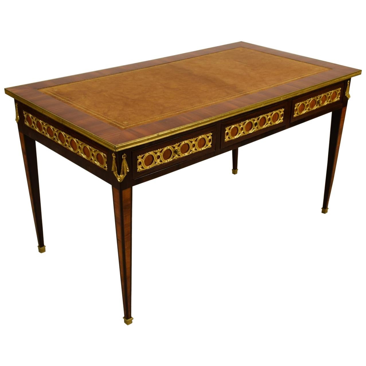 19th Century French Wood Desk Table with Golden Bronzes