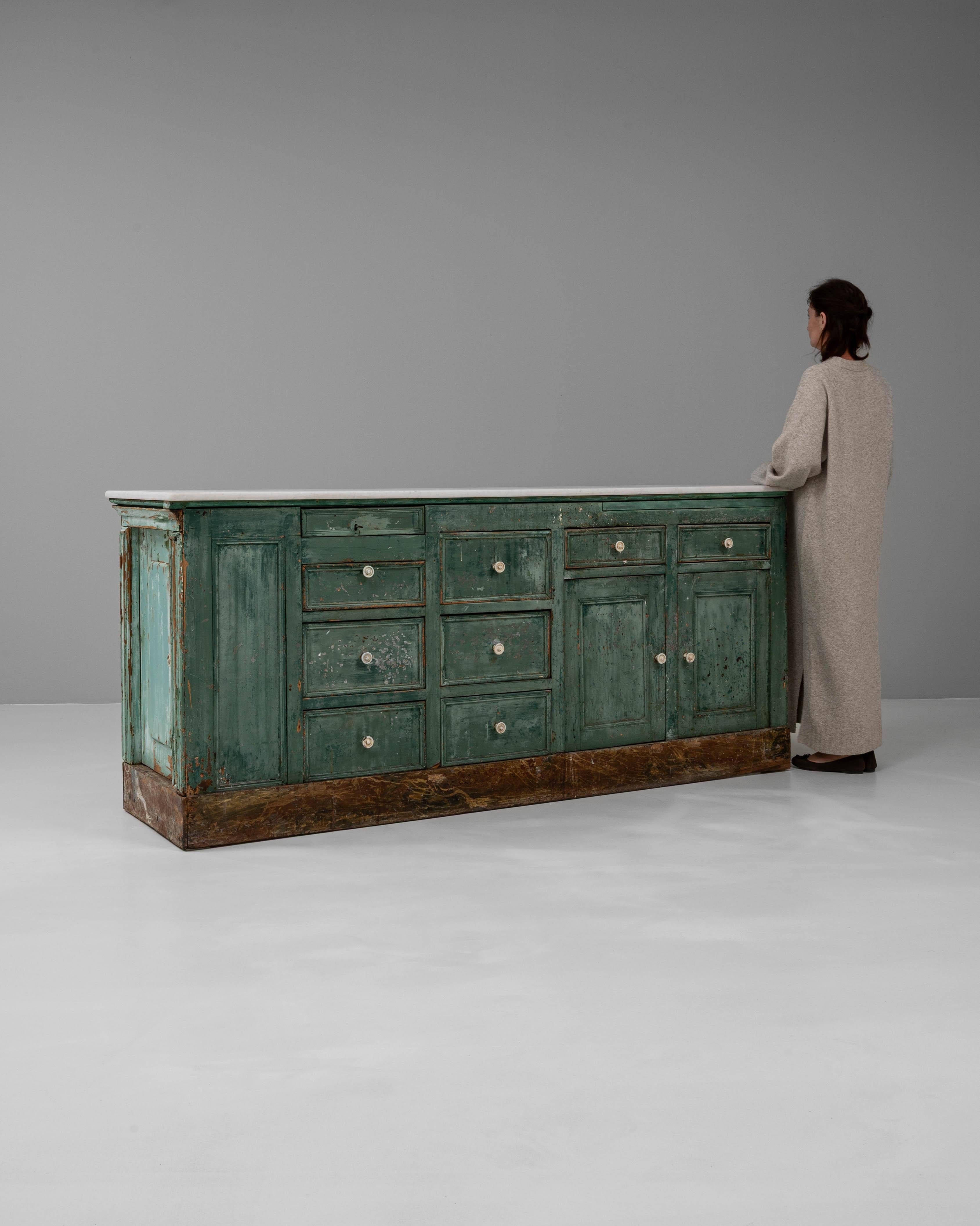 19th Century French Wood Patinated Shop Counter With Marble Top For Sale 7
