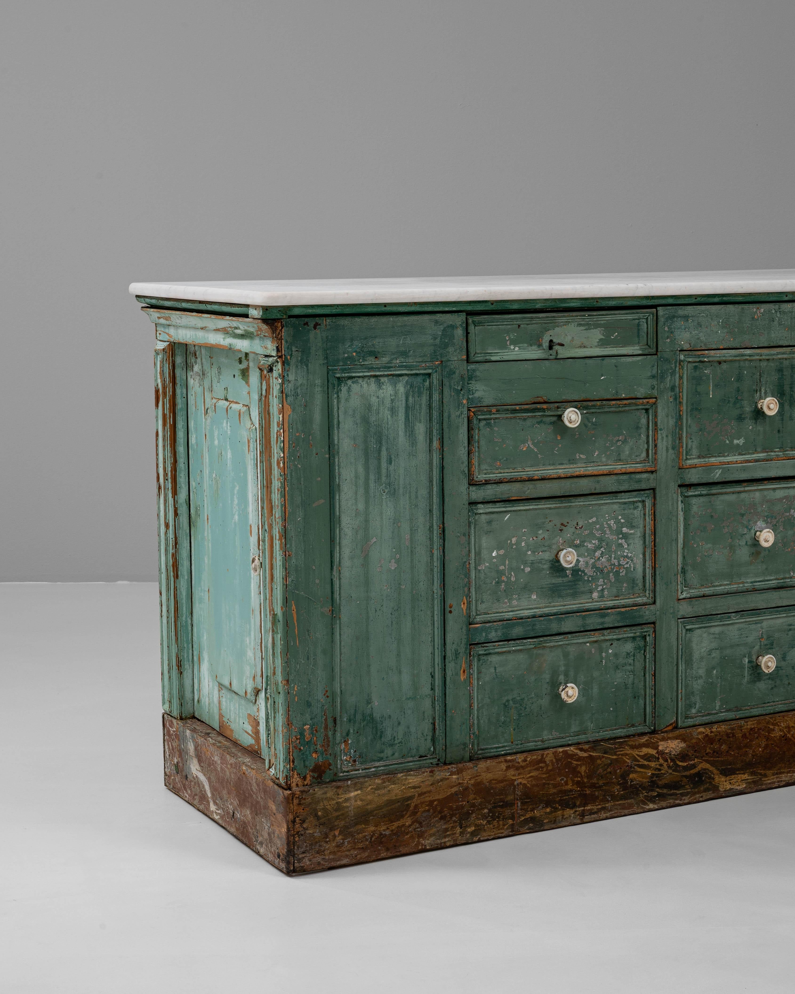 19th Century French Wood Patinated Shop Counter With Marble Top For Sale 8