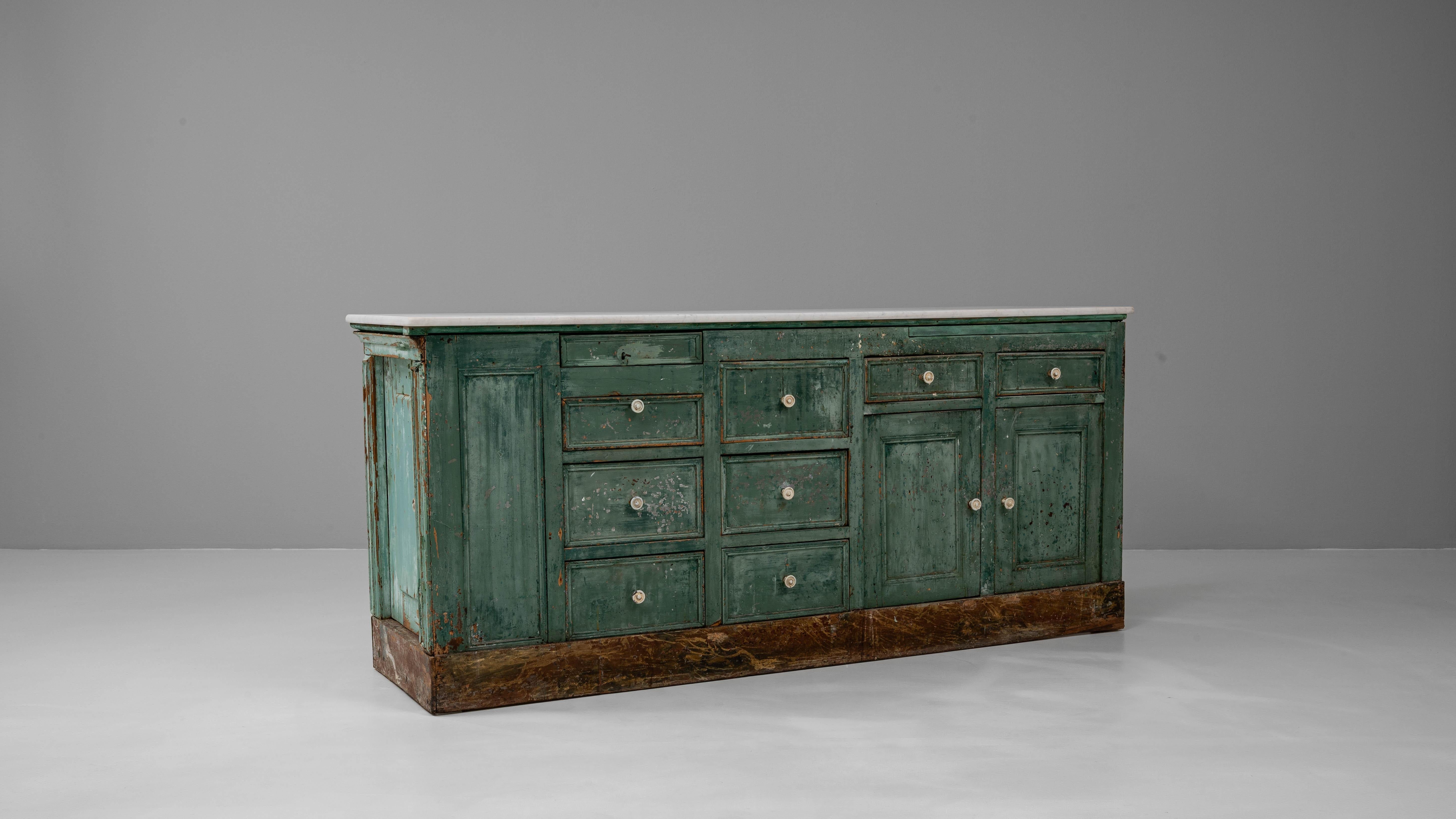 19th Century French Wood Patinated Shop Counter With Marble Top For Sale 9