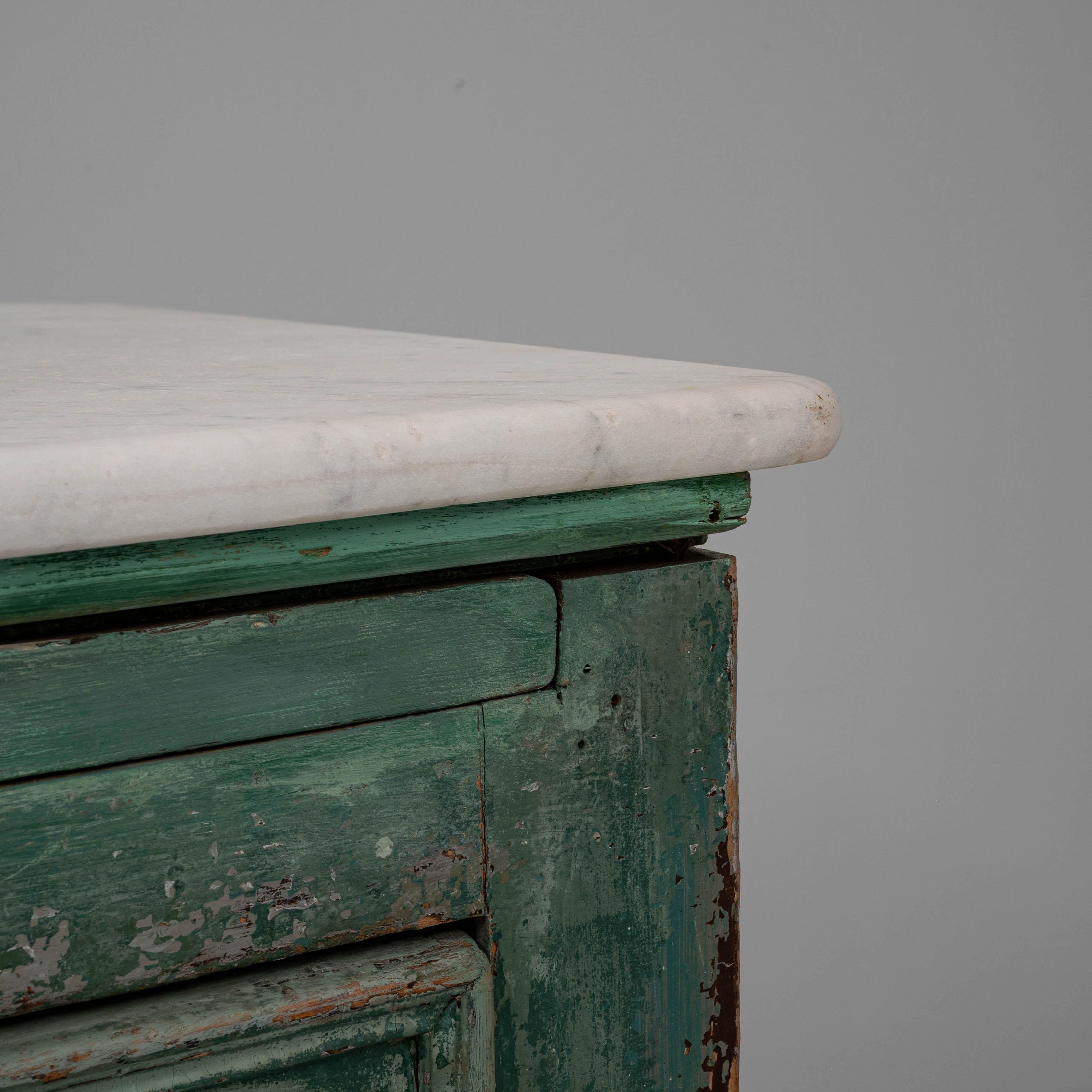 19th Century French Wood Patinated Shop Counter With Marble Top For Sale 10