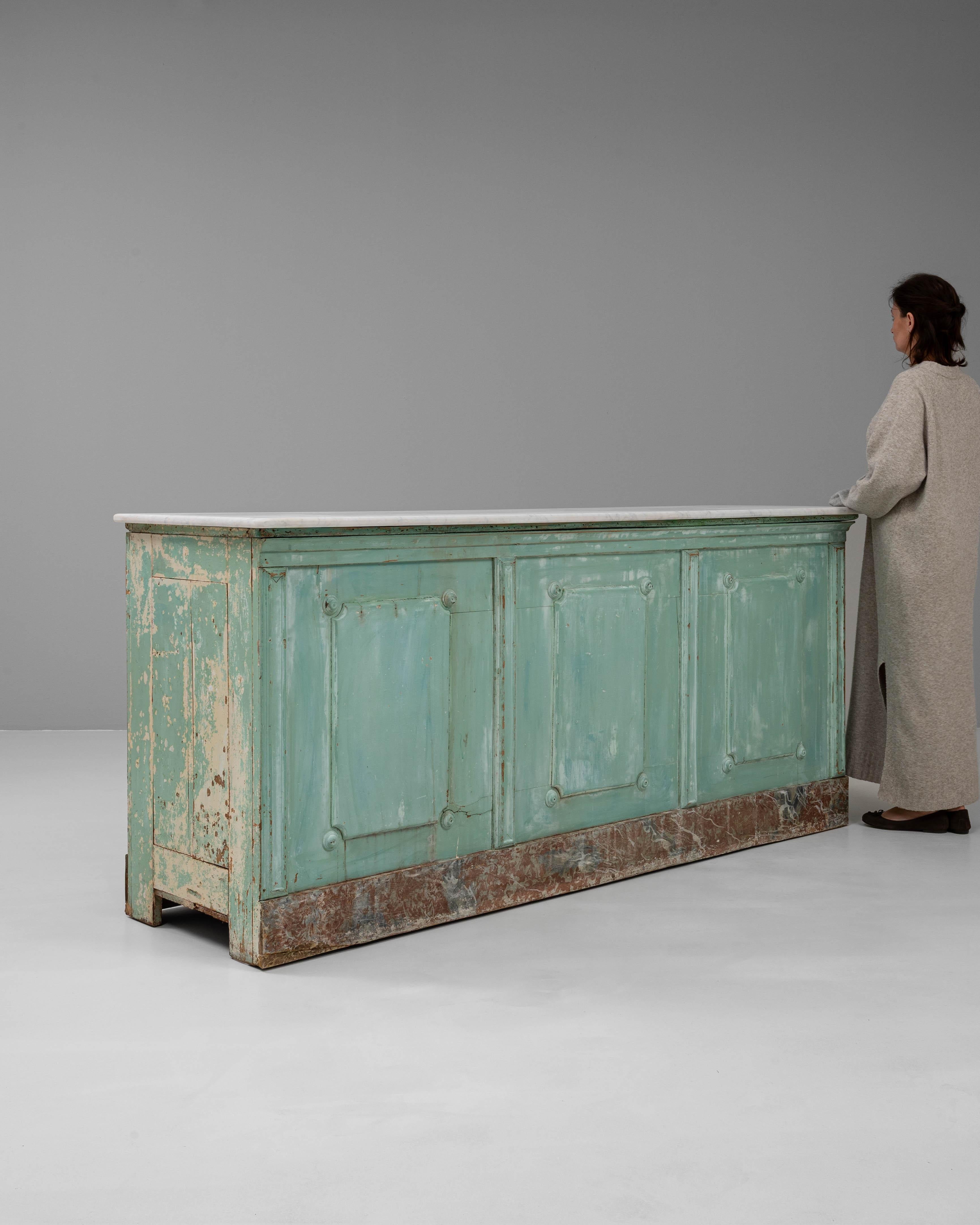 19th Century French Wood Patinated Shop Counter With Marble Top For Sale 2