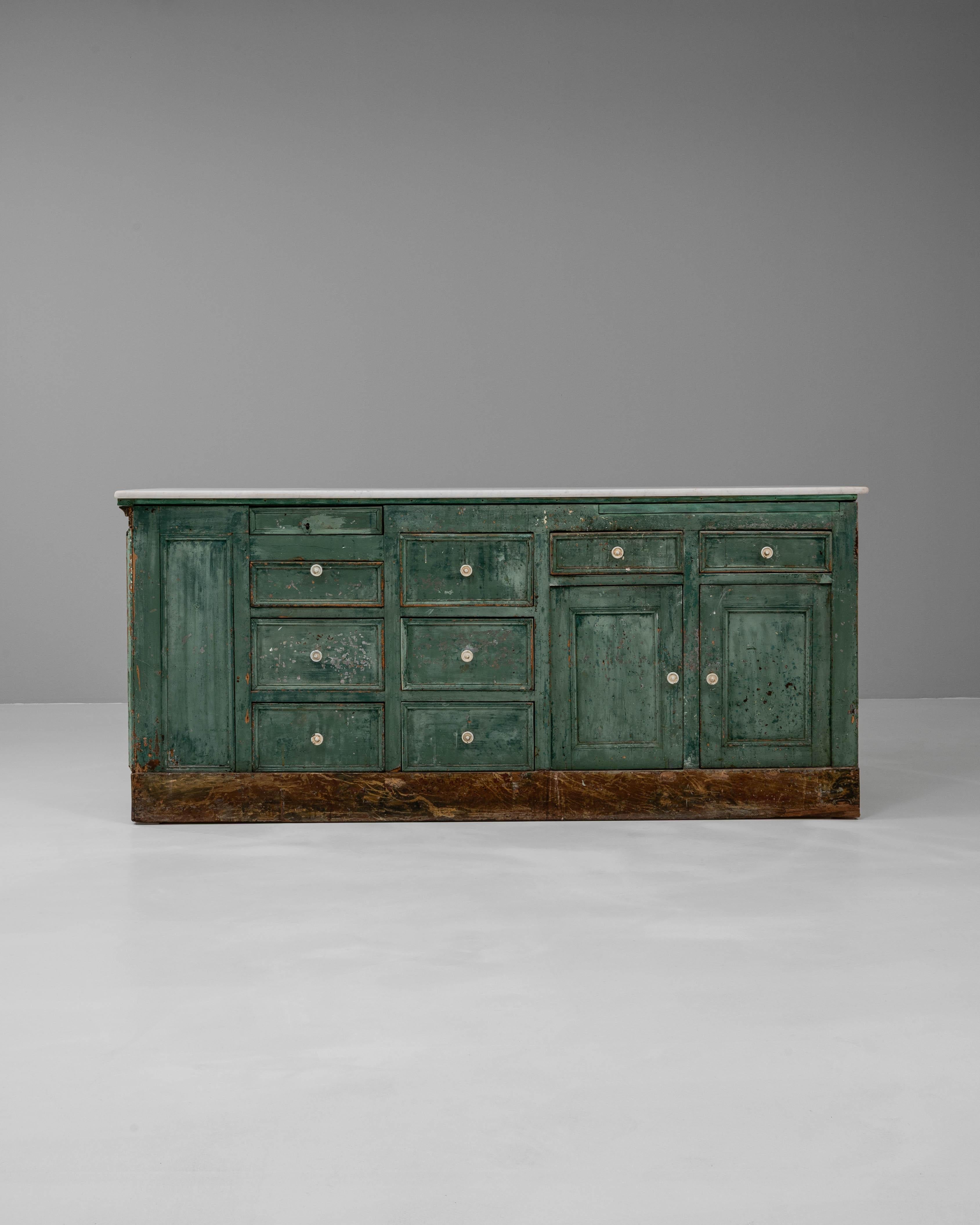 19th Century French Wood Patinated Shop Counter With Marble Top For Sale 3