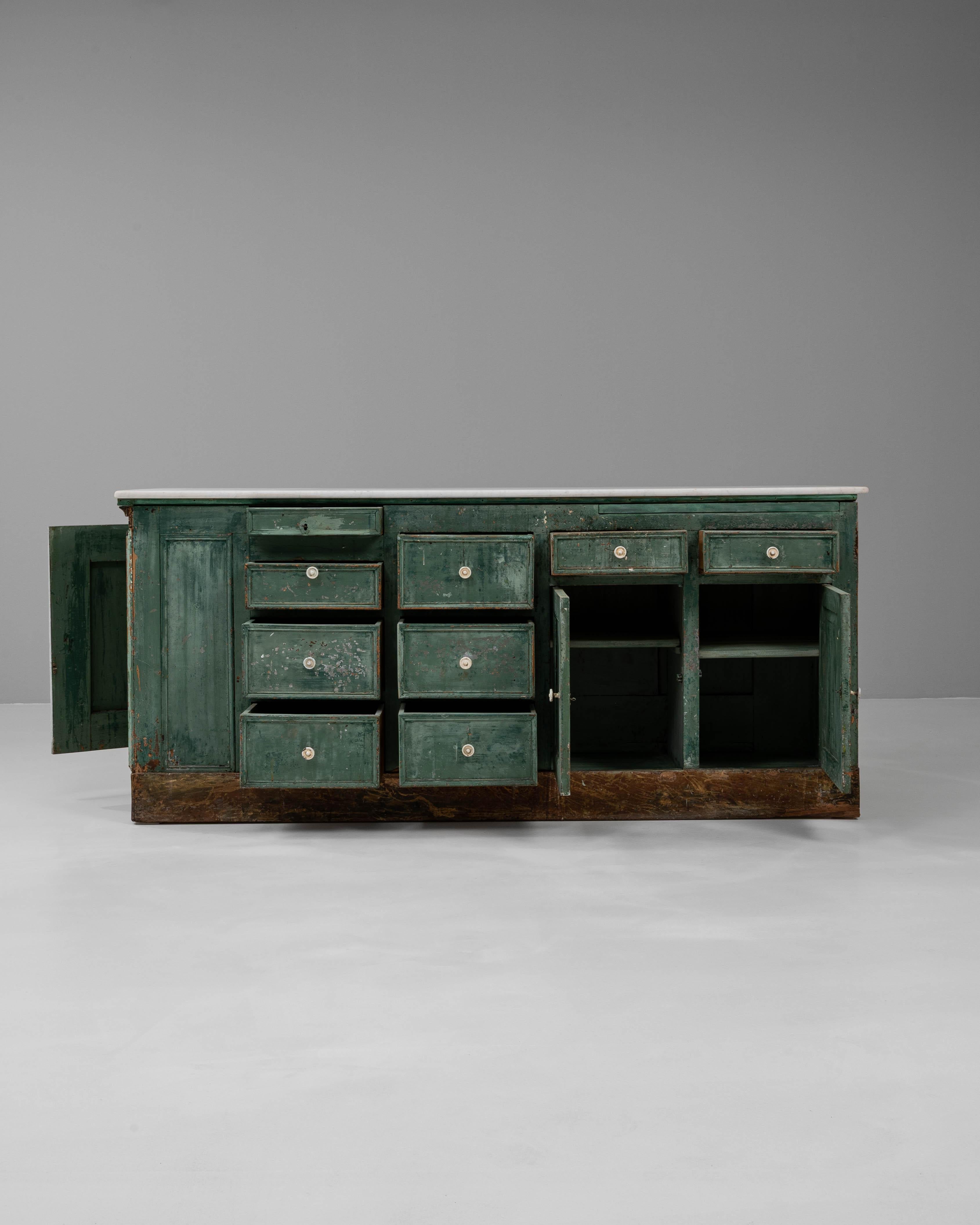 19th Century French Wood Patinated Shop Counter With Marble Top For Sale 4