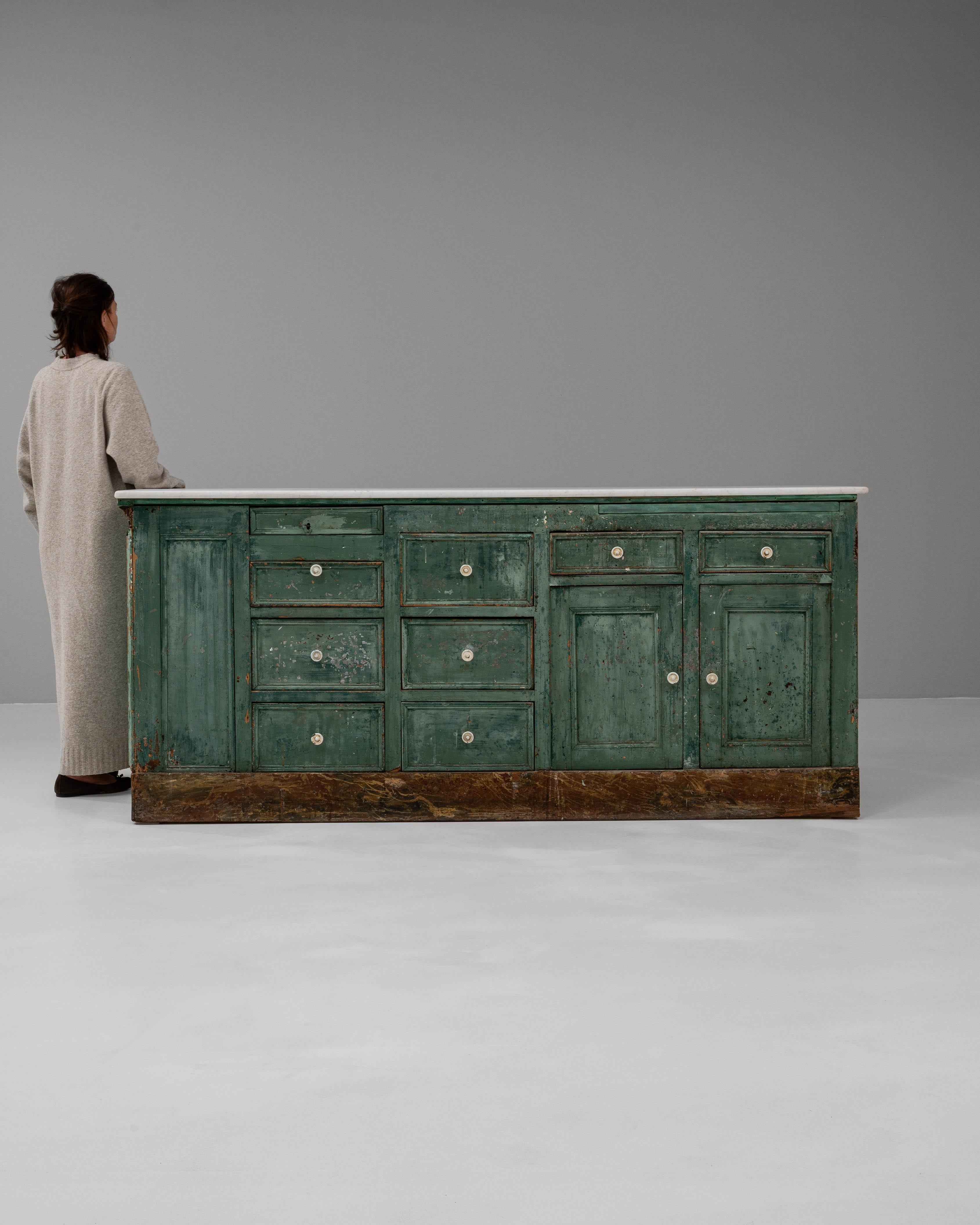 19th Century French Wood Patinated Shop Counter With Marble Top For Sale 5