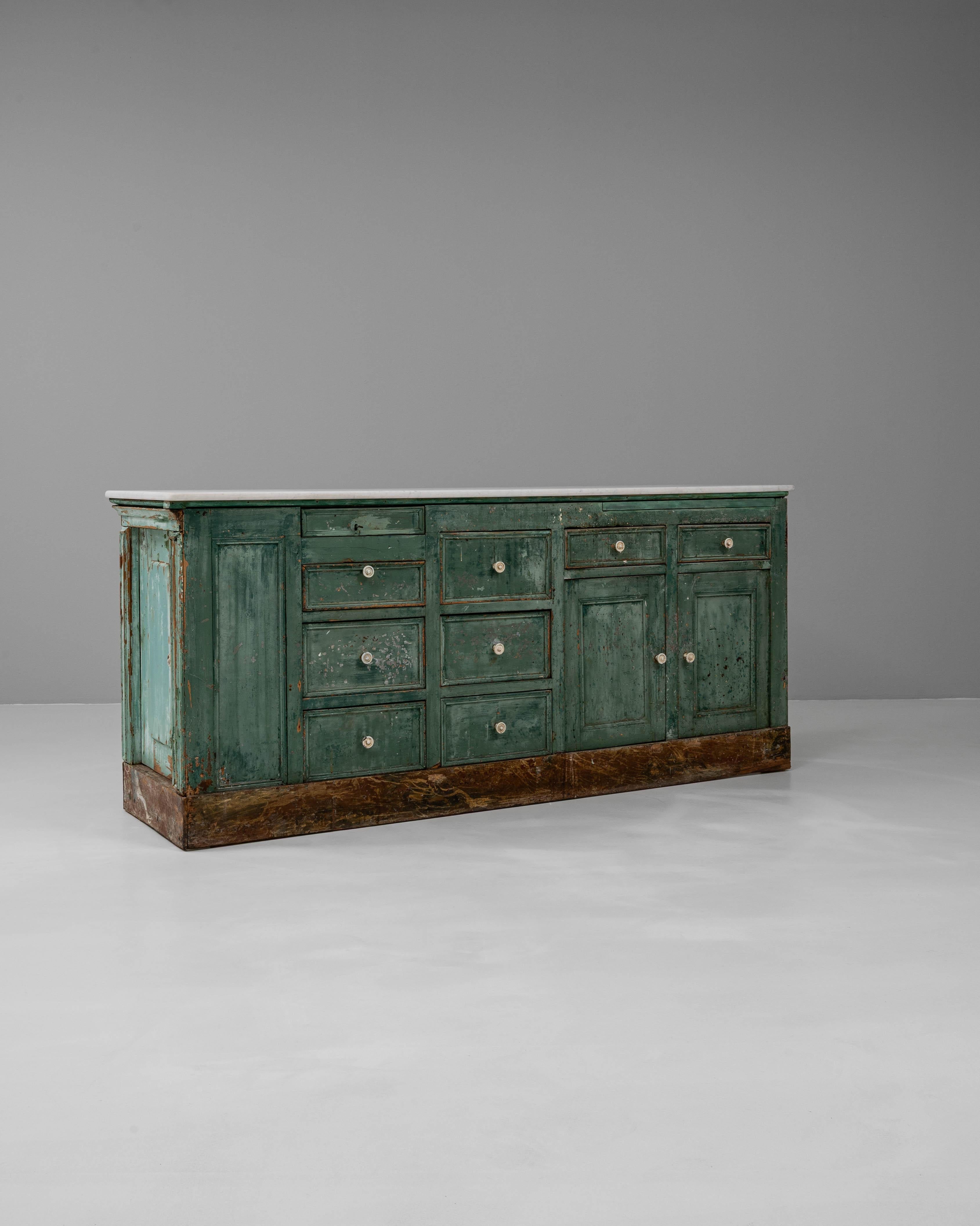 19th Century French Wood Patinated Shop Counter With Marble Top For Sale 6