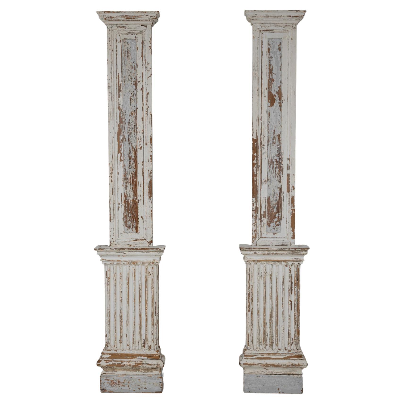 19th Century French Wood White Patinated Columns, a Pair