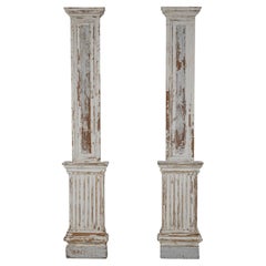 Antique 19th Century French Wood White Patinated Columns, a Pair