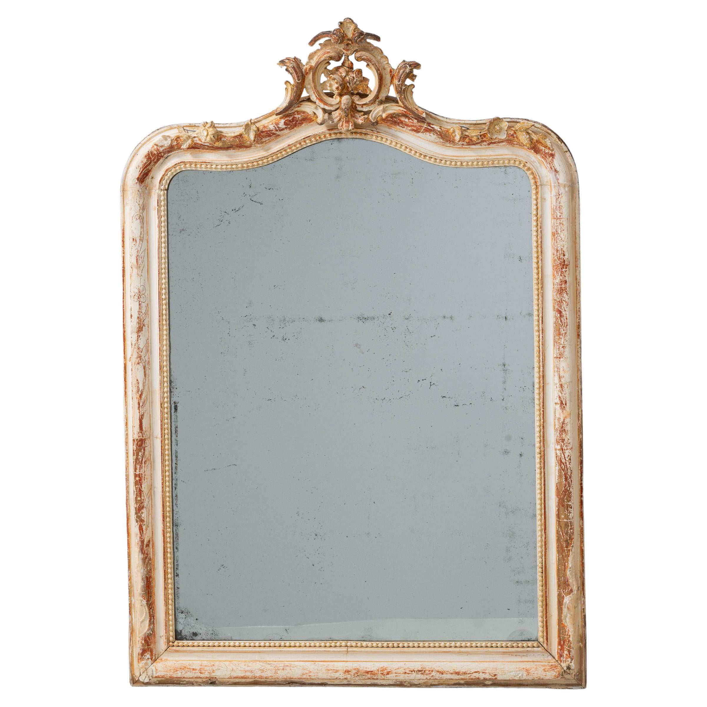 19th Century French Wood White Patinated Mirror