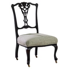 Antique 19th Century French Wooden Accent Chair with Upholstered Seat on Wheels