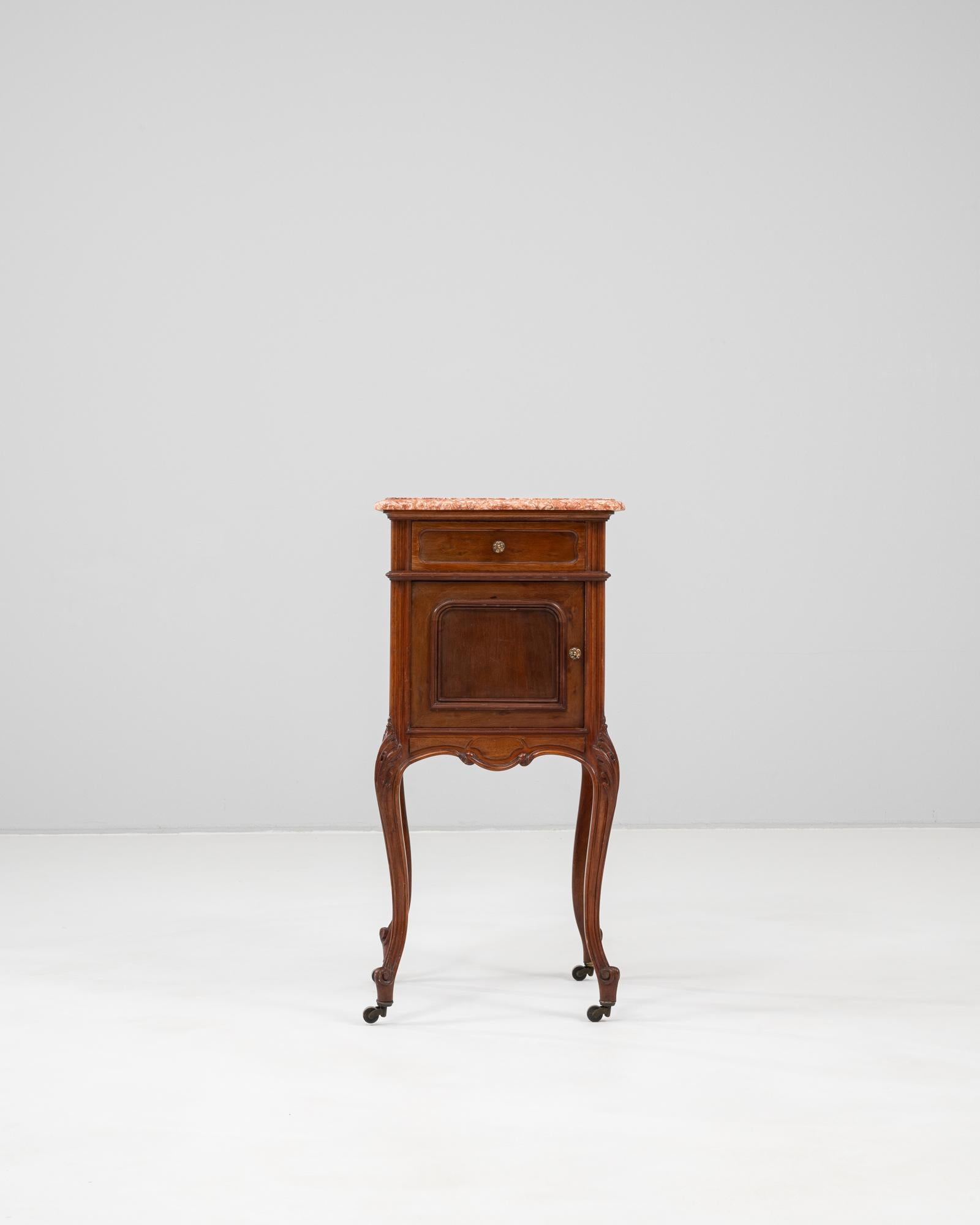 19th Century French Wooden Bedside Table With Marble Top On Wheels In Good Condition For Sale In High Point, NC