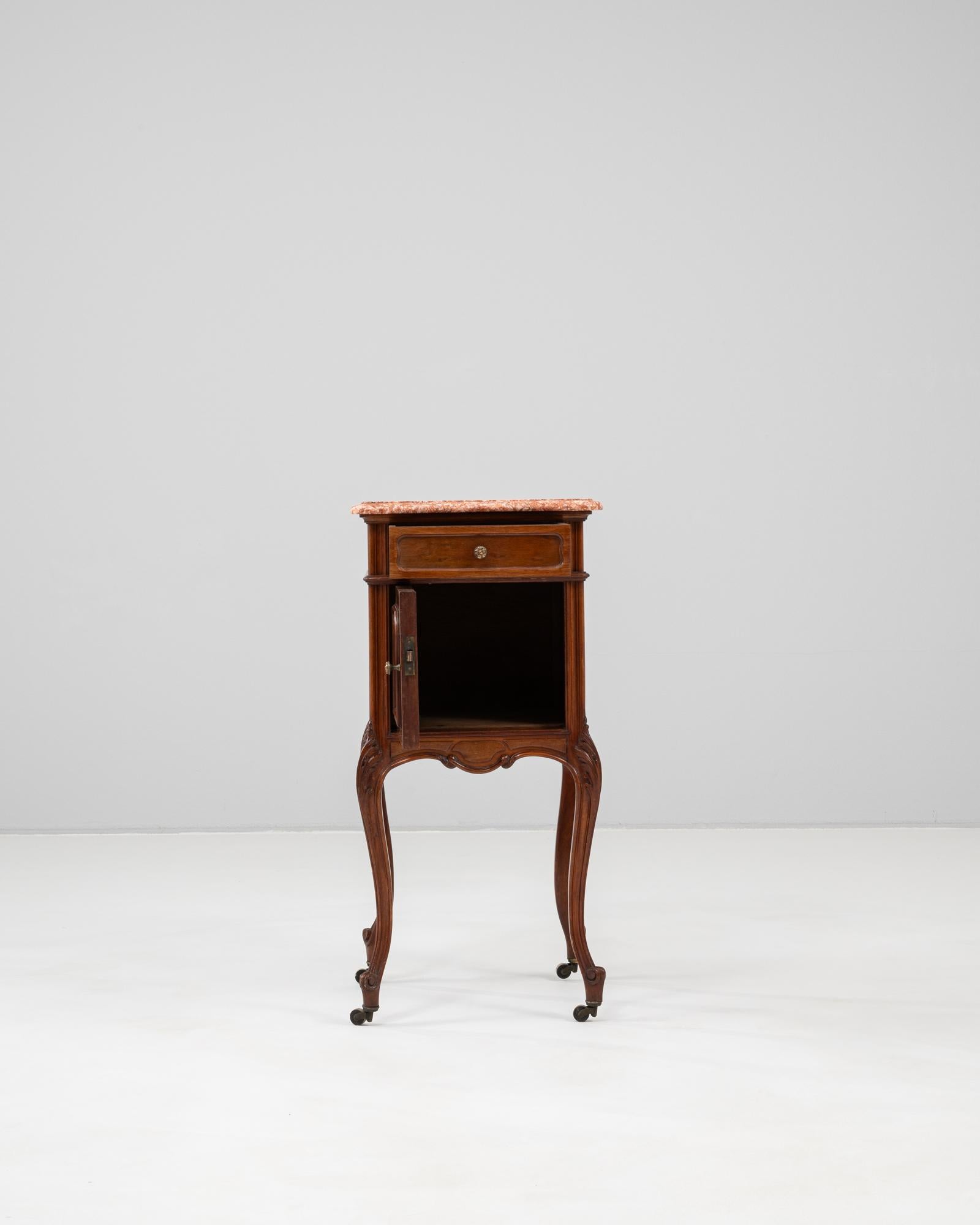 19th Century French Wooden Bedside Table With Marble Top On Wheels For Sale 1