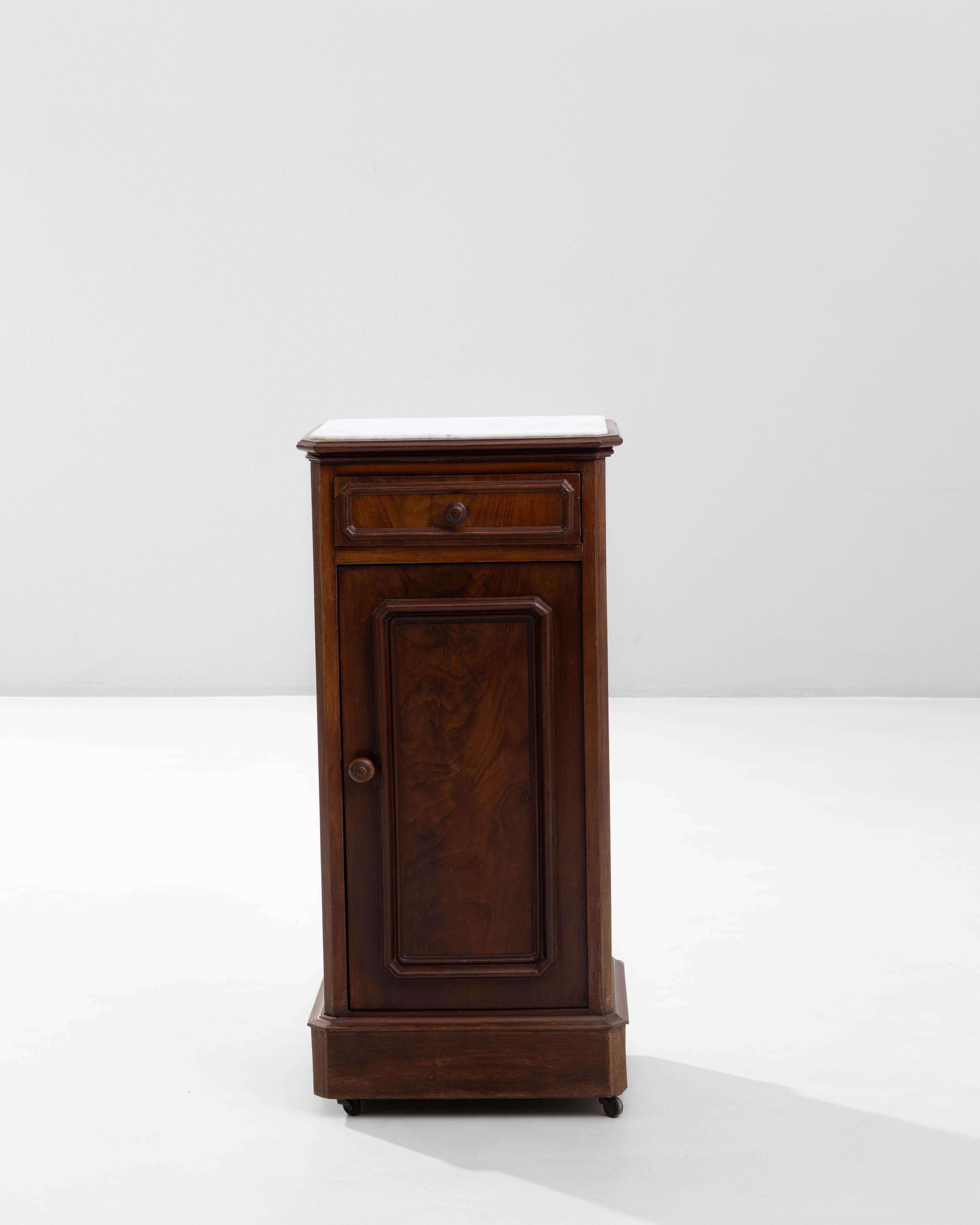 Metal 19th Century French Wooden Bedside Table With Marble Top On Wheels For Sale