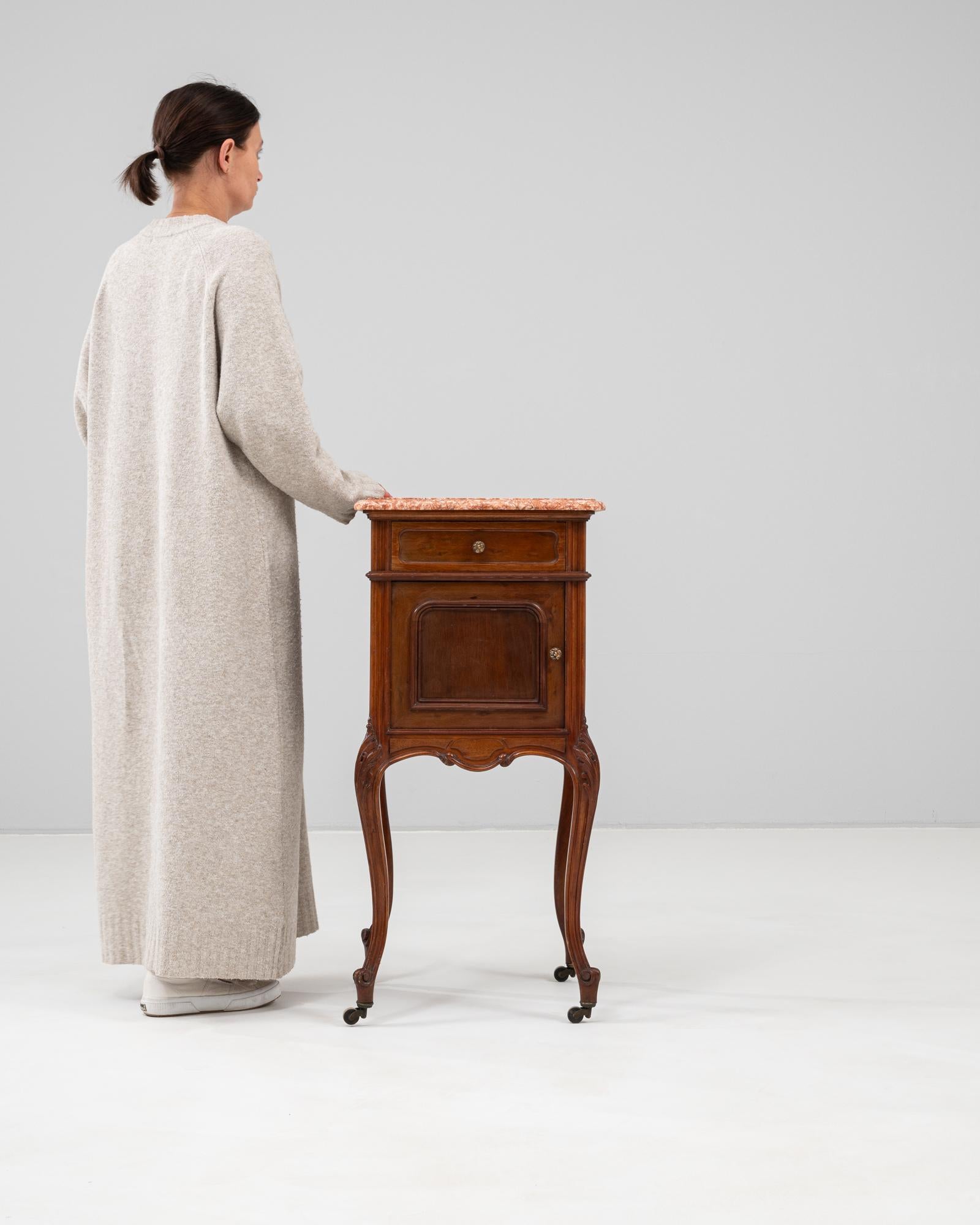 19th Century French Wooden Bedside Table With Marble Top On Wheels For Sale 2