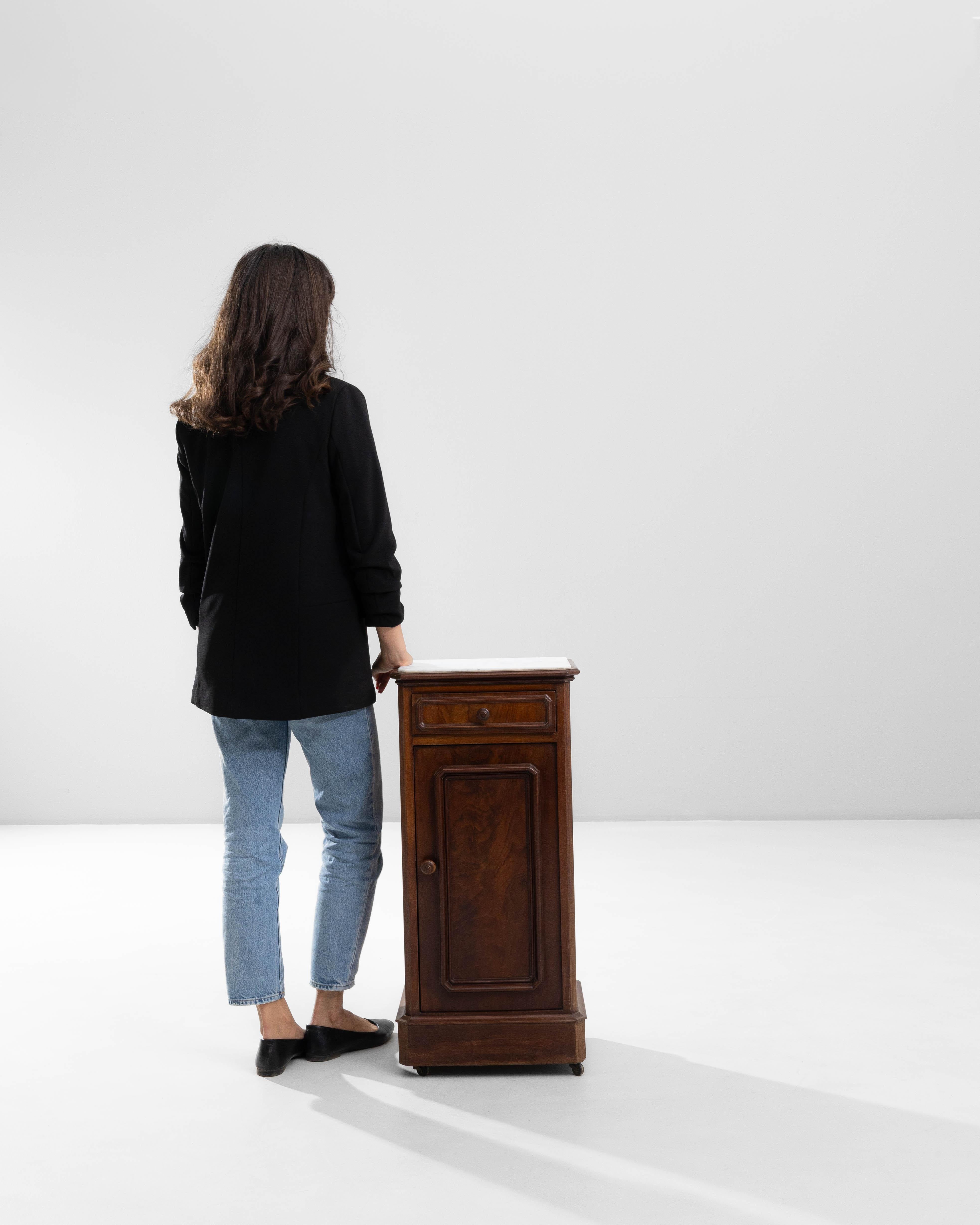 19th Century French Wooden Bedside Table With Marble Top On Wheels For Sale 2