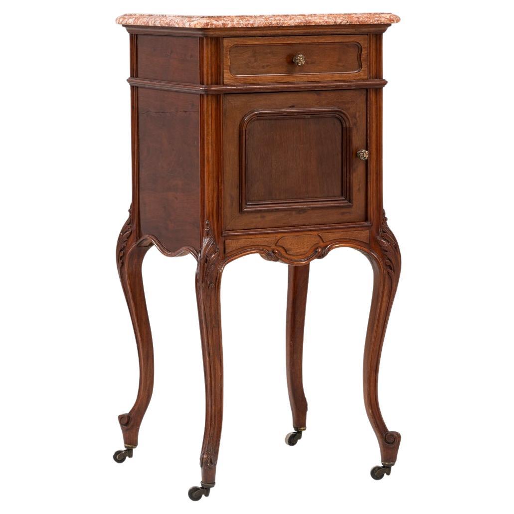 19th Century French Wooden Bedside Table With Marble Top On Wheels For Sale