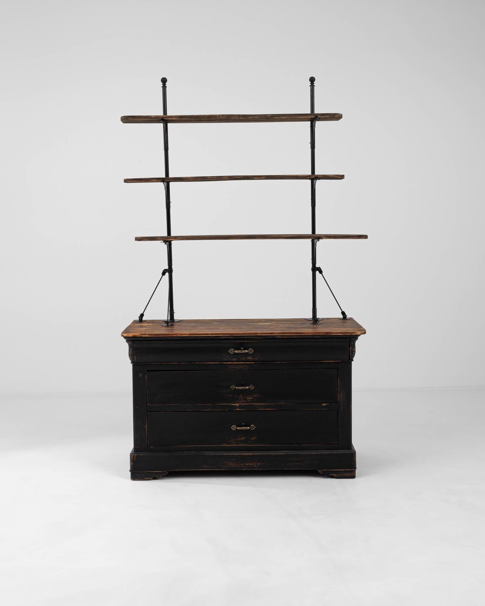 A wooden display cabinet from France, produced during the 19th century. This black patinated cabinet is an unexpected totem of the 1800s: iron and wood, joined together by industry, rising towards the heavens as part of man’s march of progress: