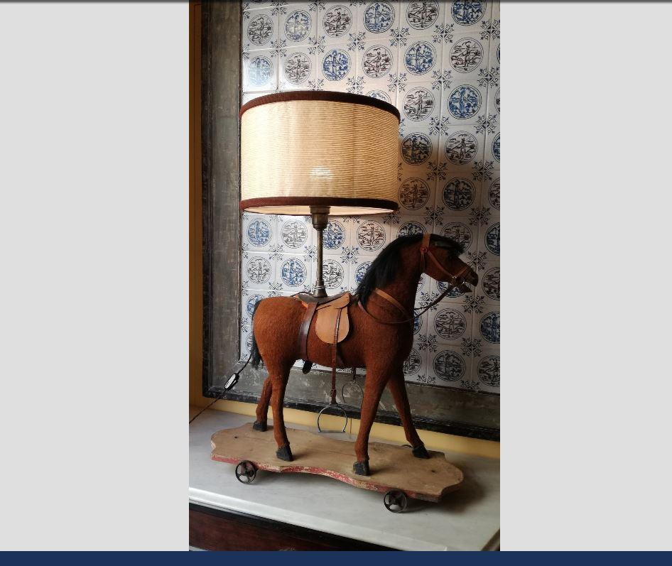 19th century French wooden horse children's toy converted into table lamp, 1890s.