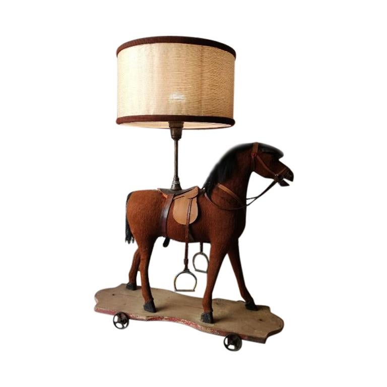 19th Century French Wooden Horse Children's Toy Converted into Table Lamp, 1890s