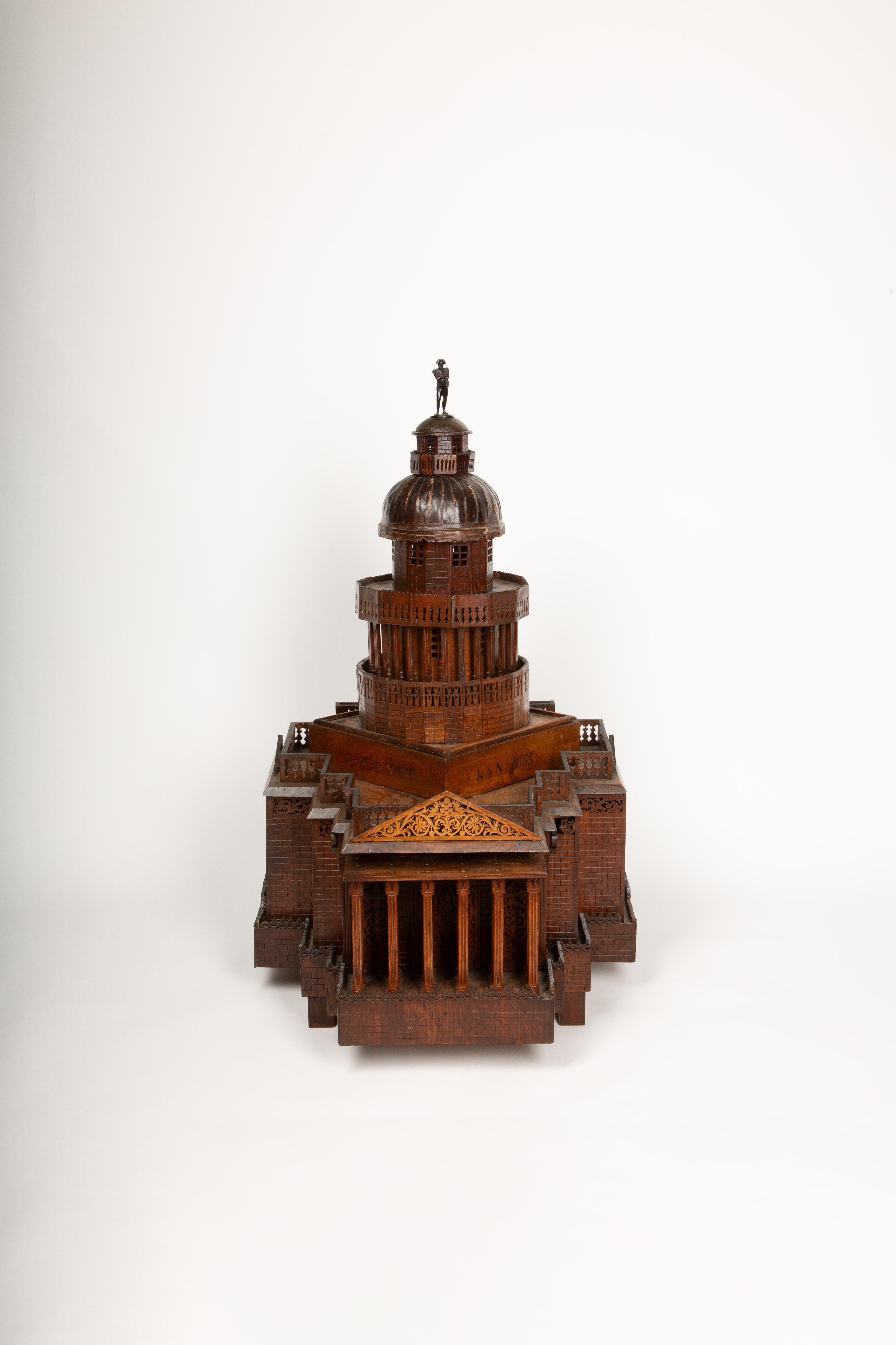This exquisite and highly detailed wooden maquette, dating from the late 19th century, is a remarkable representation of the Pantheon in Paris. It stands as a significant example of Bonapartist art, crafted with extraordinary precision and attention