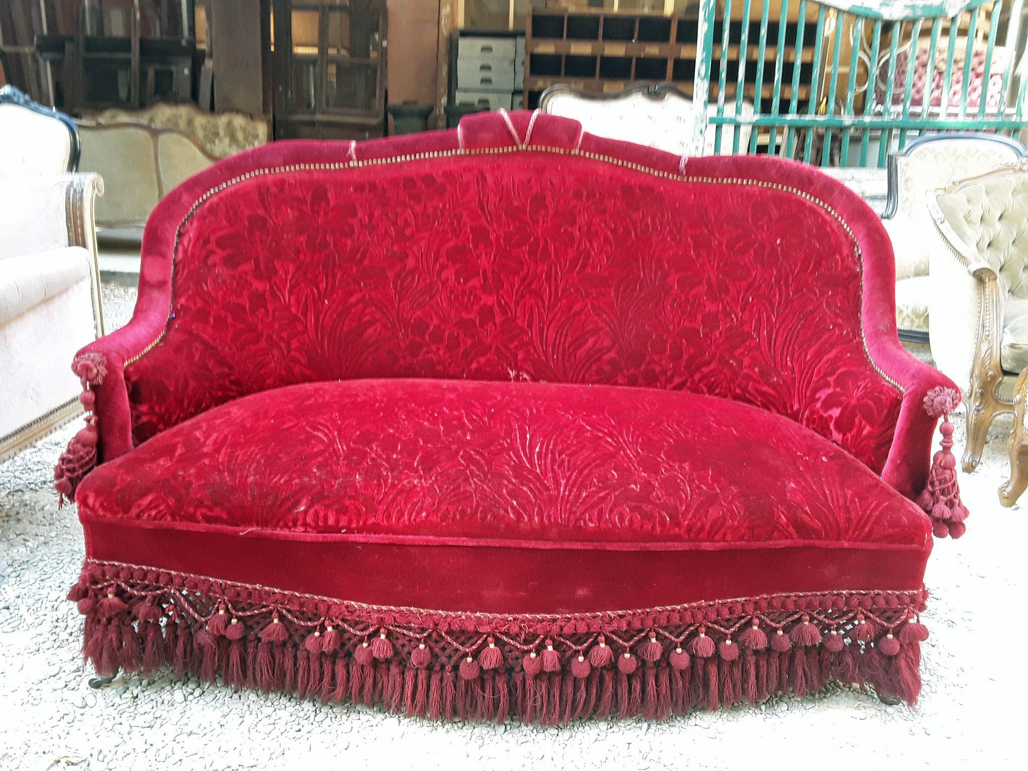 19th century, French wooden sofa with its original brocade velvet fabric.