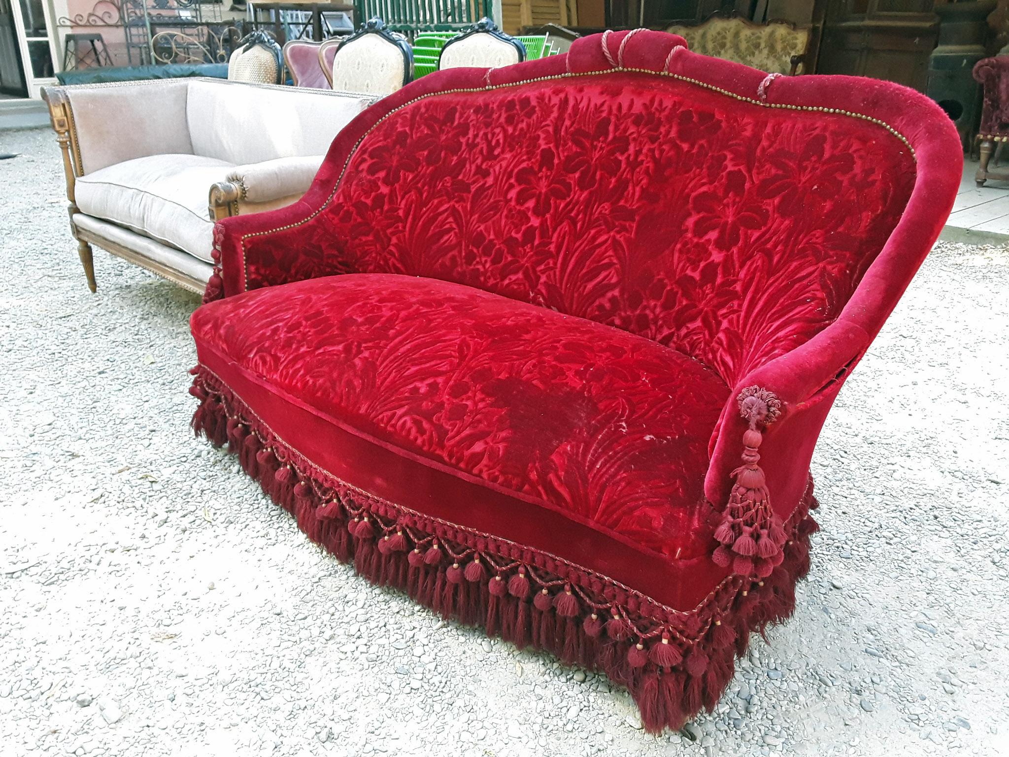 Victorian 19th Century, French Wooden Sofa with Its Original Brocade Velvet Fabric
