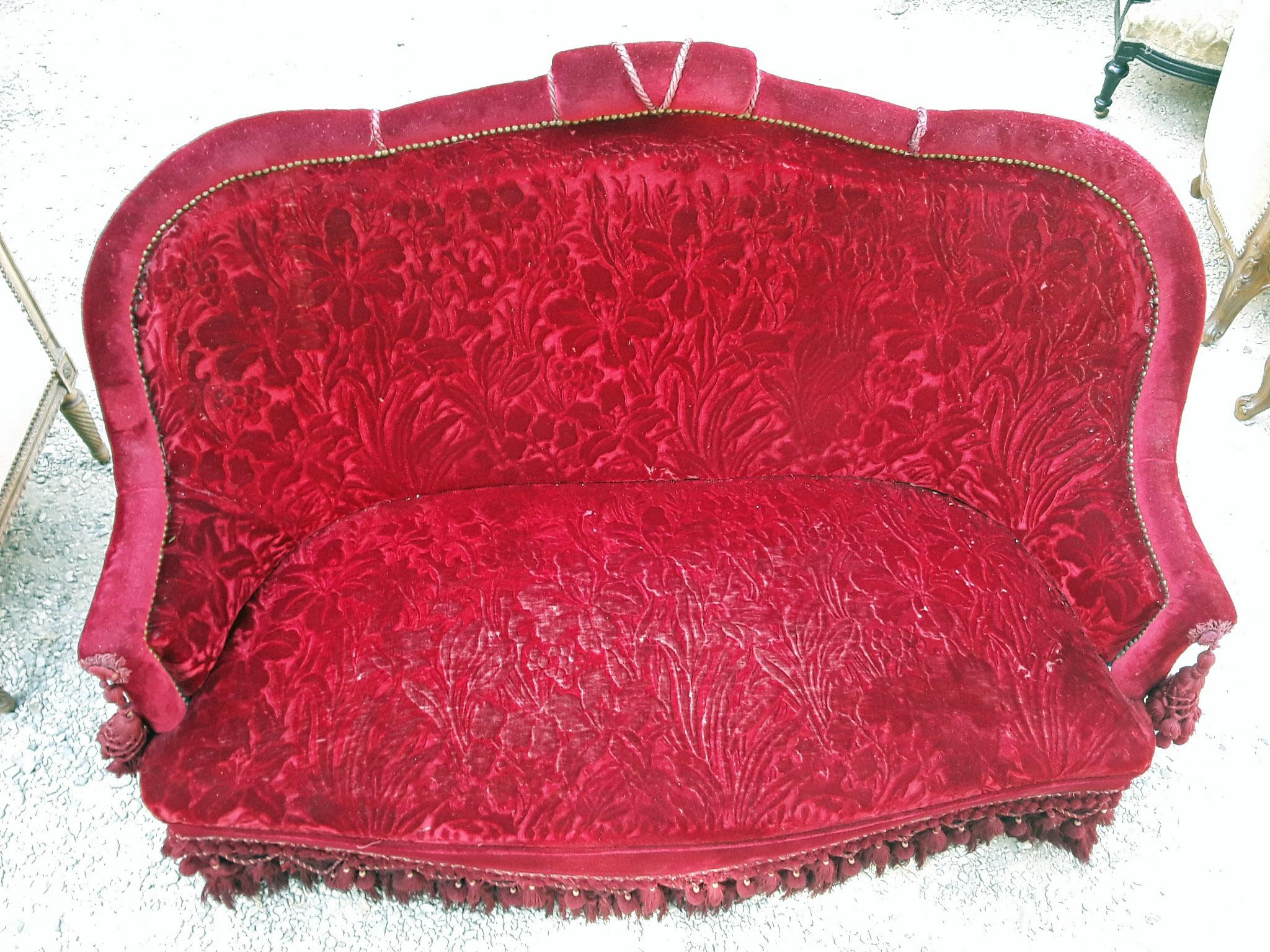 19th Century, French Wooden Sofa with Its Original Brocade Velvet Fabric 4