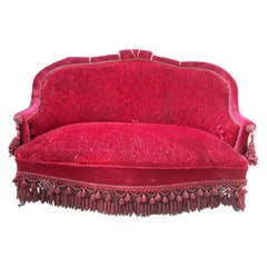 19th Century, French Wooden Sofa with Its Original Brocade Velvet Fabric
