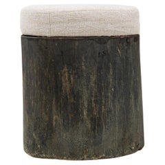 Antique 19th Century French Wooden Stool With Upholstered Seat