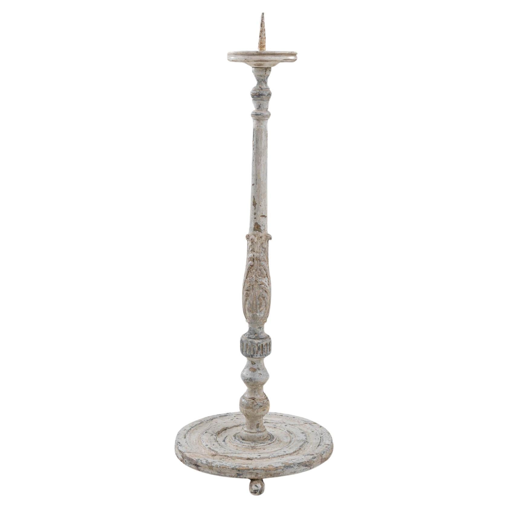 19th Century French Wooden White Patinated Floor Candlestick For Sale