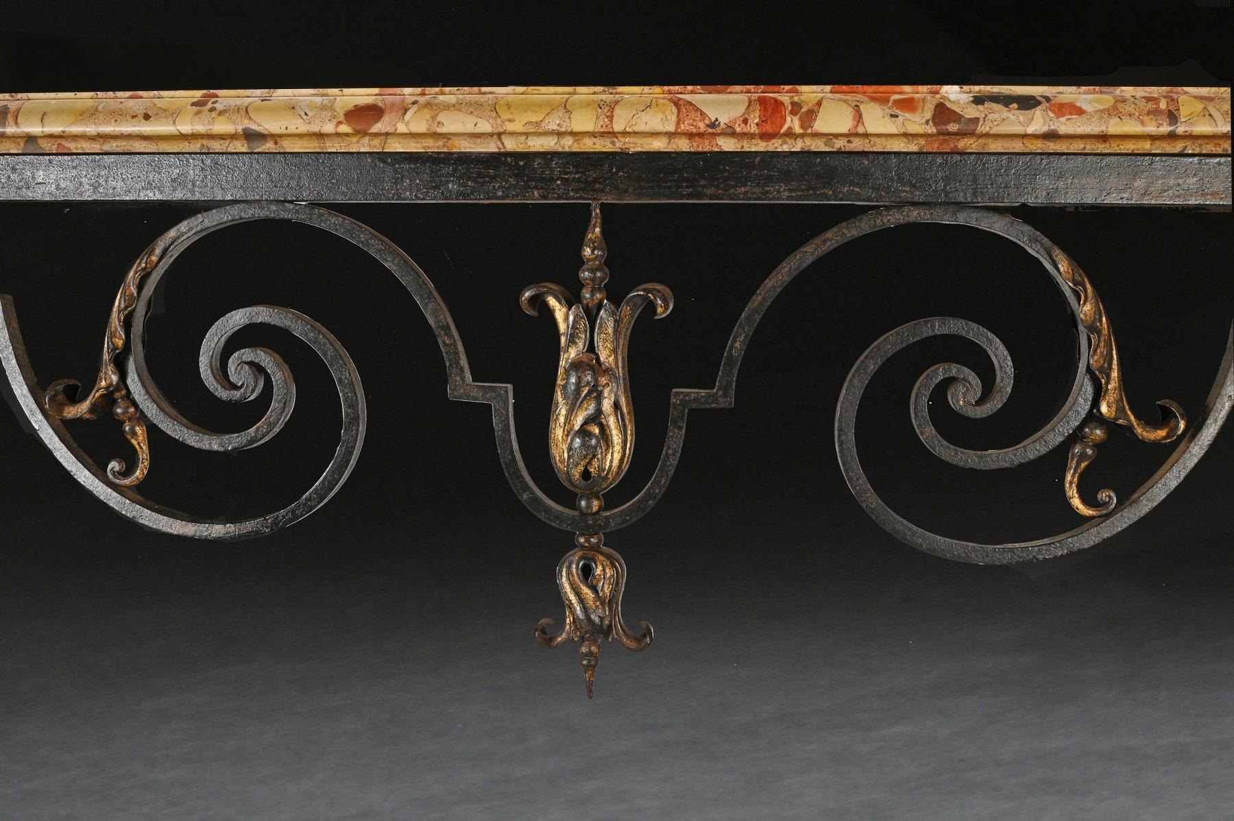 Louis XV 19th Century French Wrought Iron and Parcel Gilt Breche D Alep Marble Top Consol For Sale
