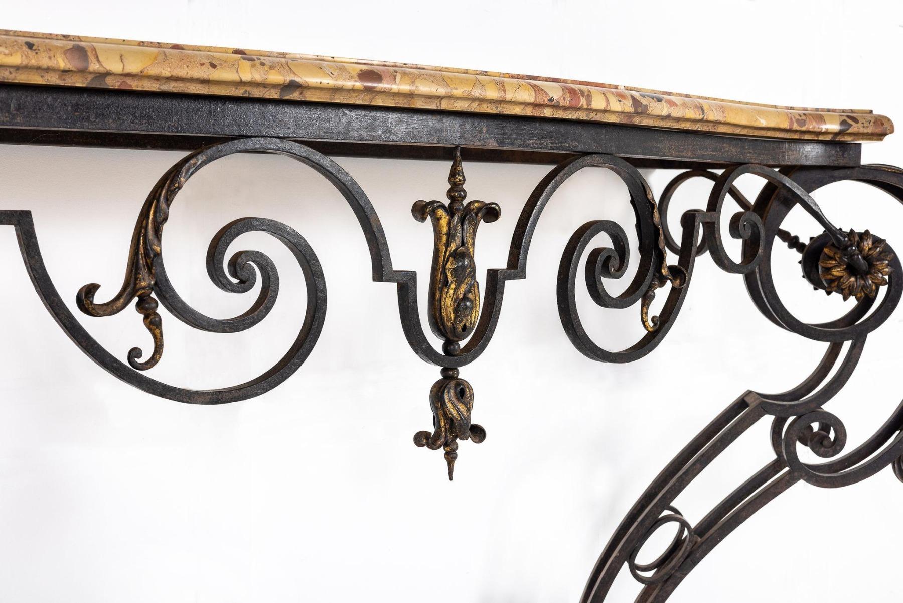 Late 19th Century 19th Century French Wrought Iron and Parcel Gilt Breche D Alep Marble Top Consol For Sale