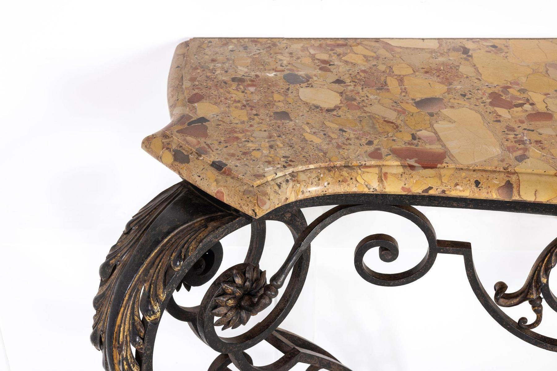 19th Century French Wrought Iron and Parcel Gilt Breche D Alep Marble Top Consol For Sale 1