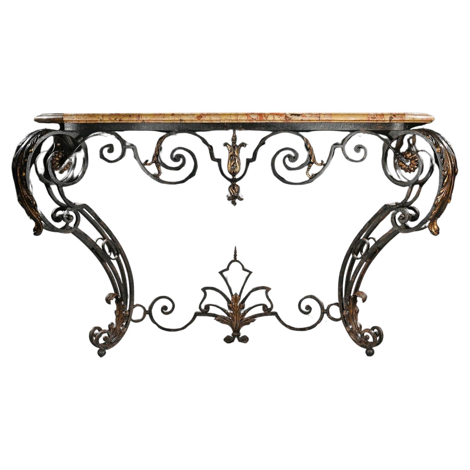 19th Century French Wrought Iron and Parcel Gilt Breche D Alep Marble Top Consol For Sale