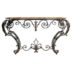 19th Century French Wrought Iron and Parcel Gilt Breche D Alep Marble Top Consol