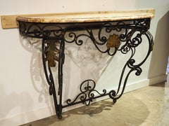 Mesa Consola Francesa del Siglo XIX de Hierro Forjado y Tole con T de Mármol Brocatelle