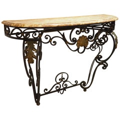 Table console en fer forgé et tôle du 19ème siècle avec marbre Brocatelle T