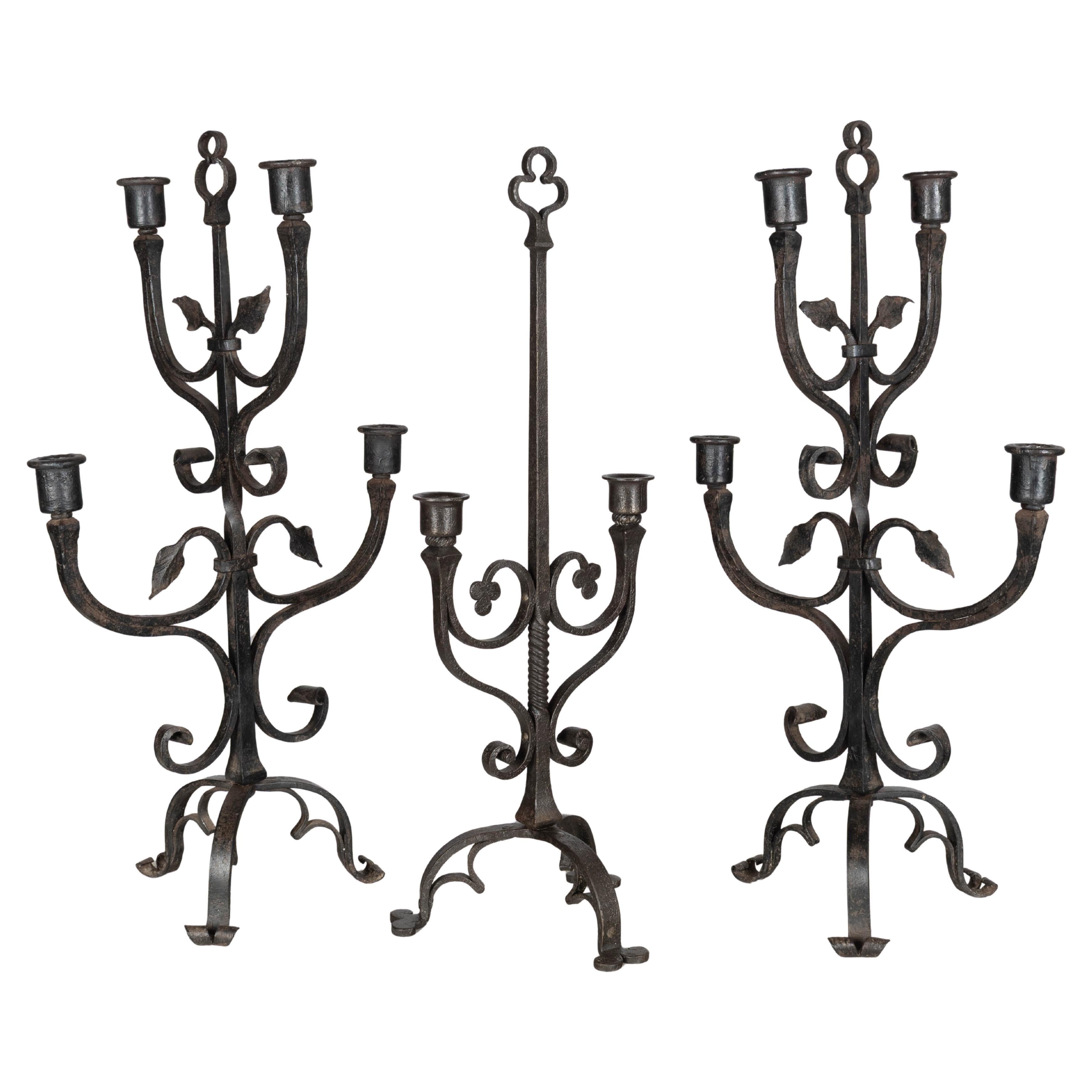 19th Century French Wrought Iron Candelabra Set of 3 For Sale