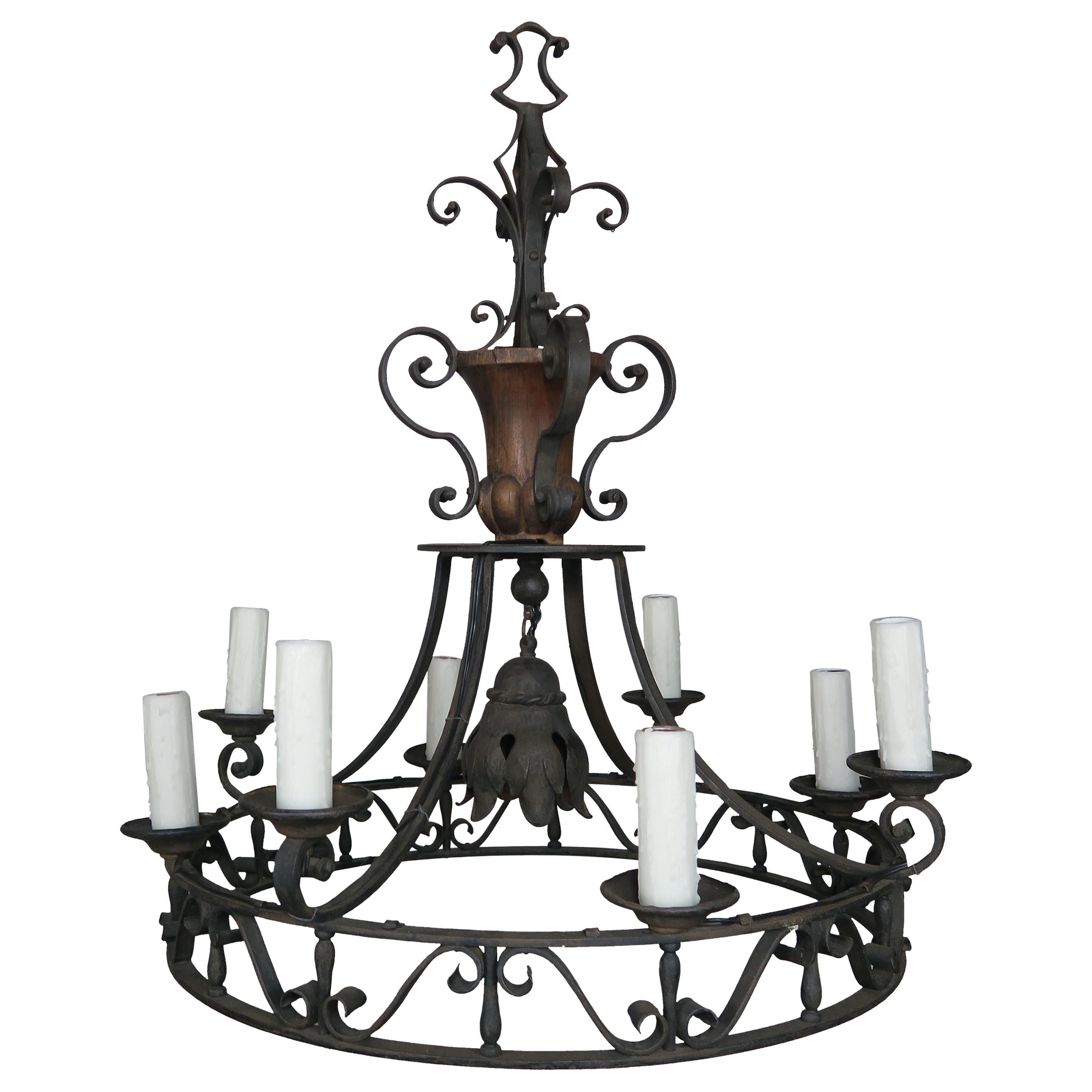 19th Century French Wrought Iron Chandelier with Wood Urn