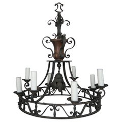 19th Century French Wrought Iron Chandelier with Wood Urn