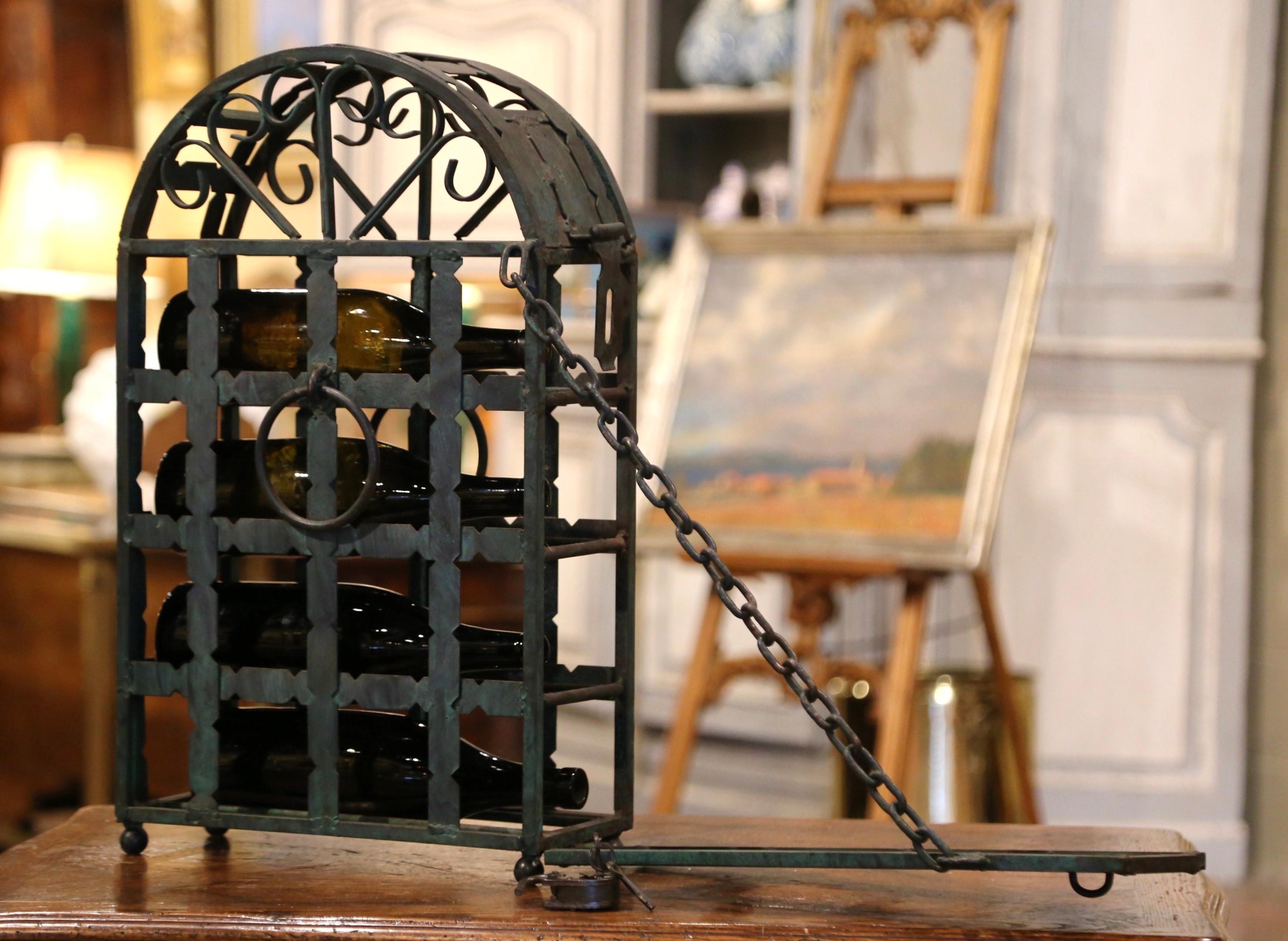 Gothic 19th Century French Wrought Iron Four Bottle Wine Rack with Lock and Keys