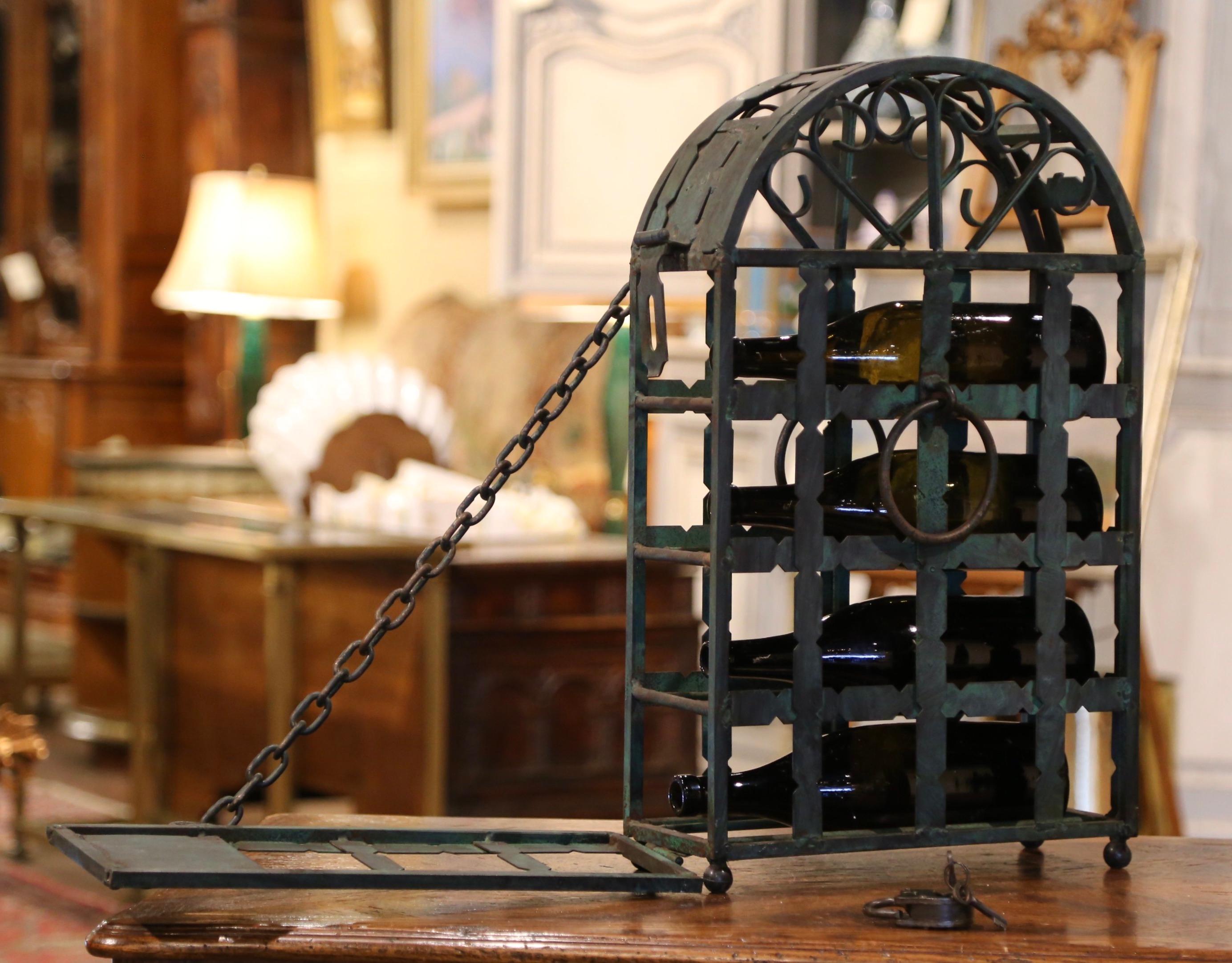 Patinated 19th Century French Wrought Iron Four Bottle Wine Rack with Lock and Keys