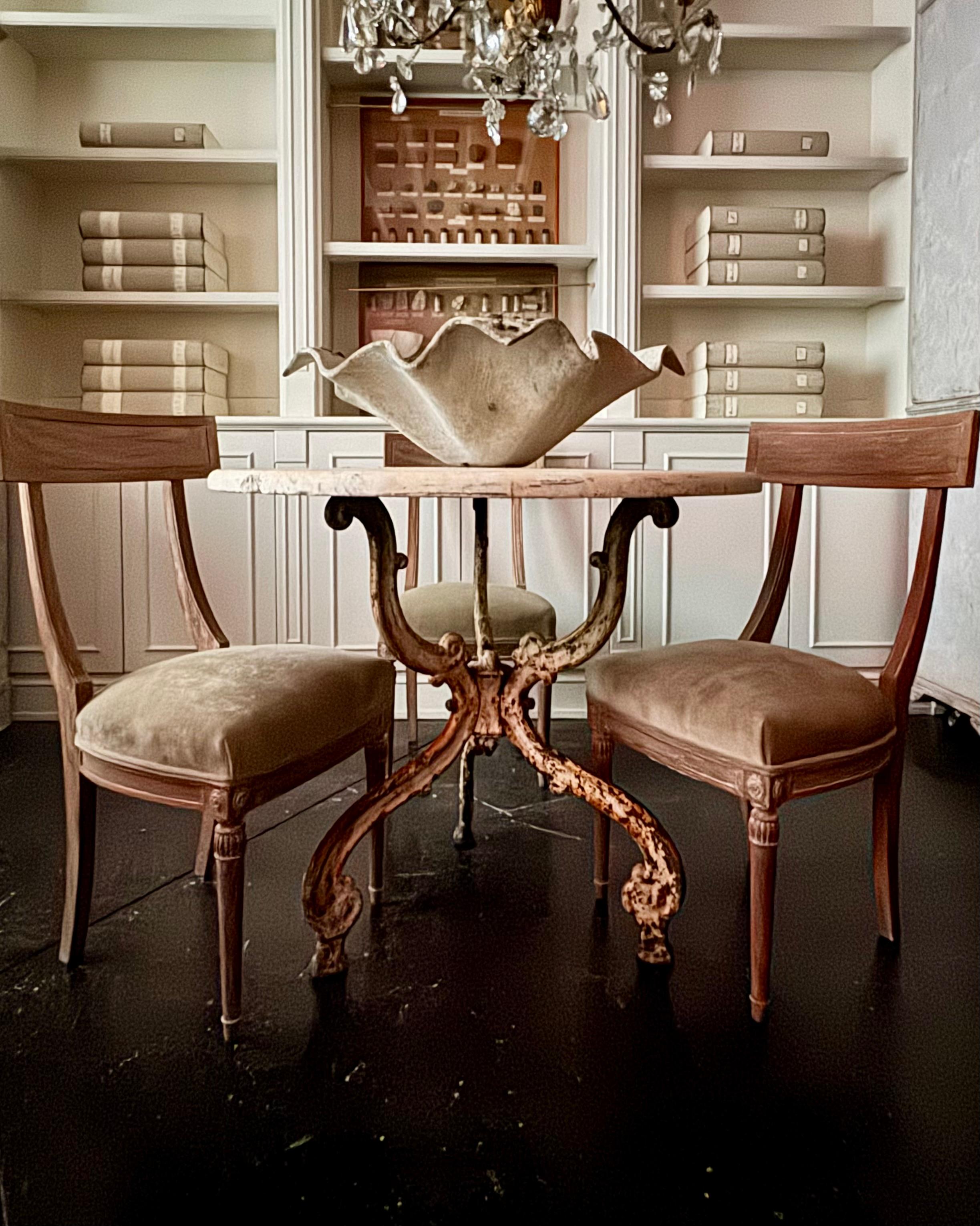 Hand-Carved 19th Century French Wrought Iron Garden Center Table With Marble Top For Sale
