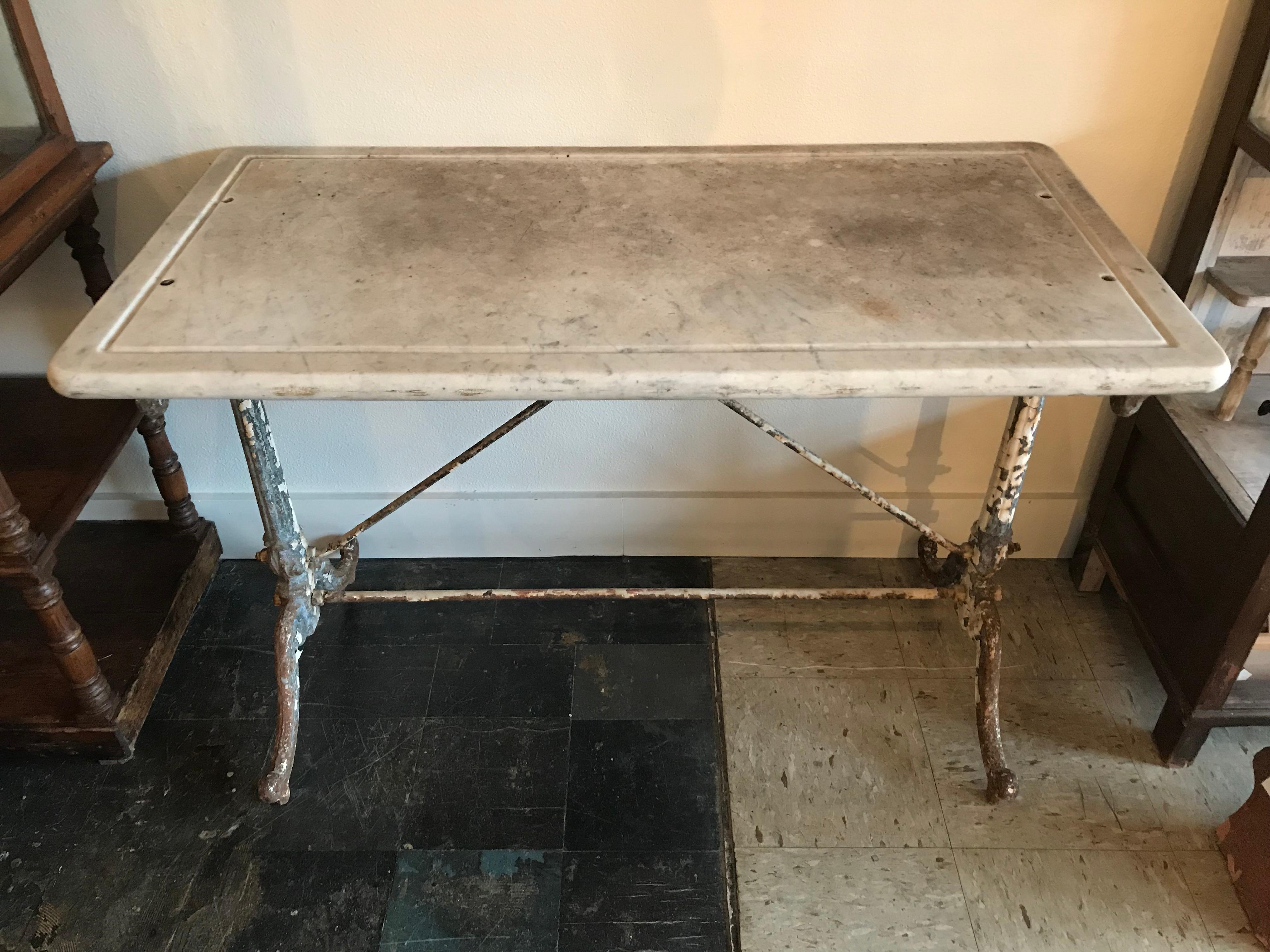 Late Victorian 19th Century French Wrought Iron Garden Table with Original Marble Top
